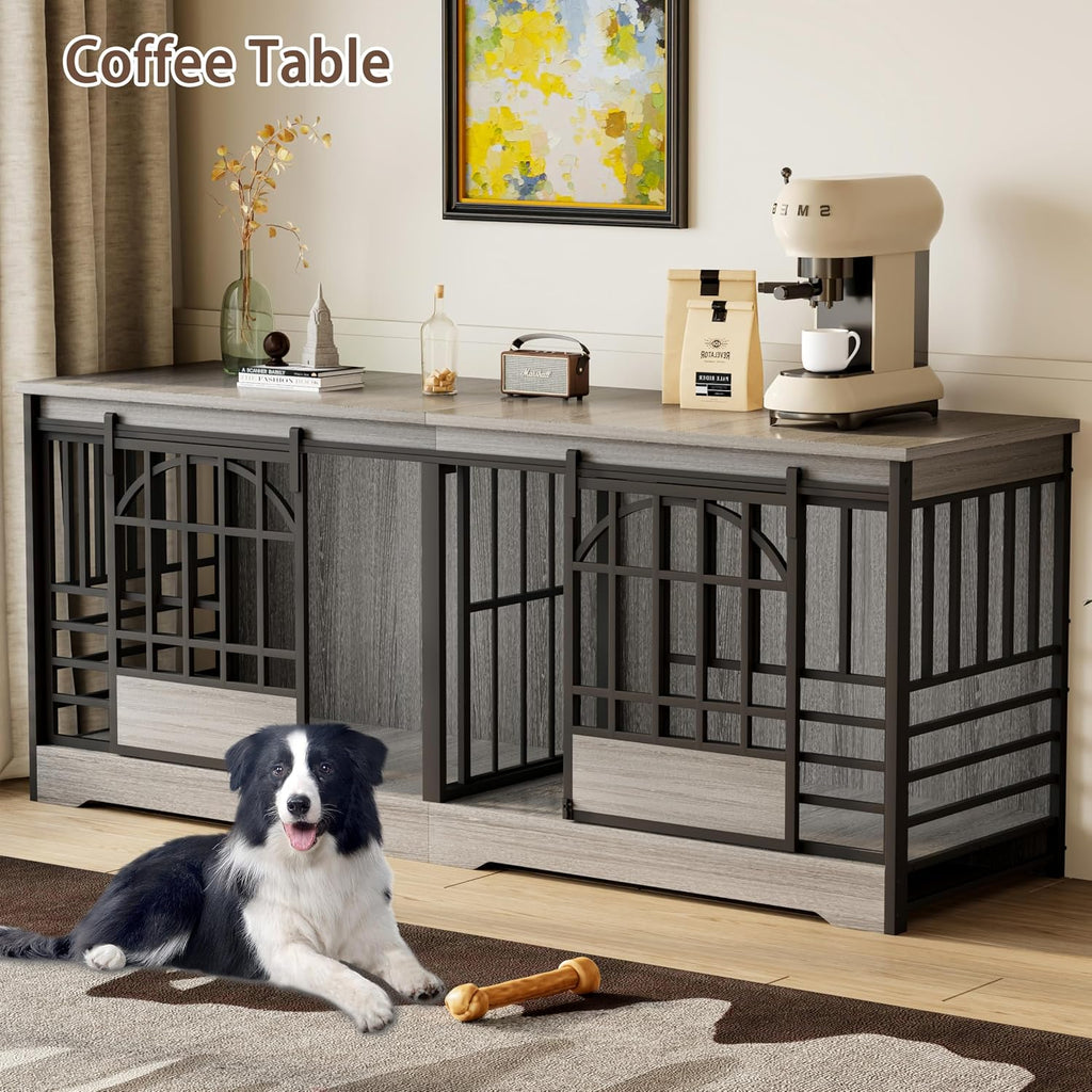 cozpaw 78" double dog crate with divider, grey, front angle view