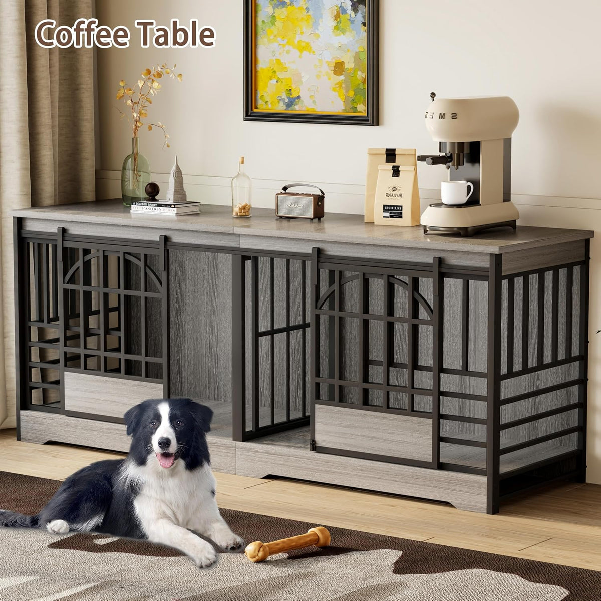 cozpaw 78" double dog crate with divider, grey, front angle view