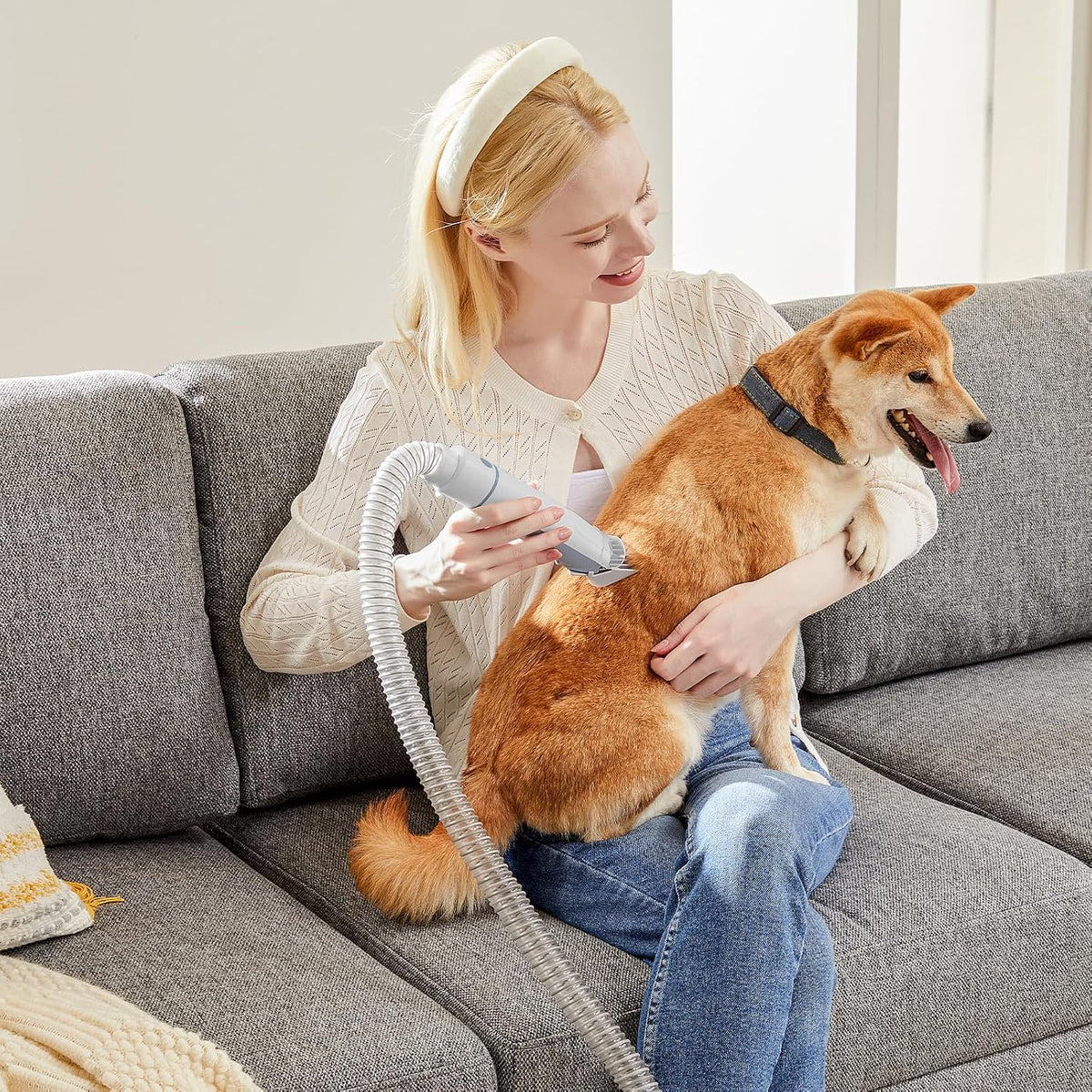 dumos dog grooming vacuum kit, pet hair clipper shown in use