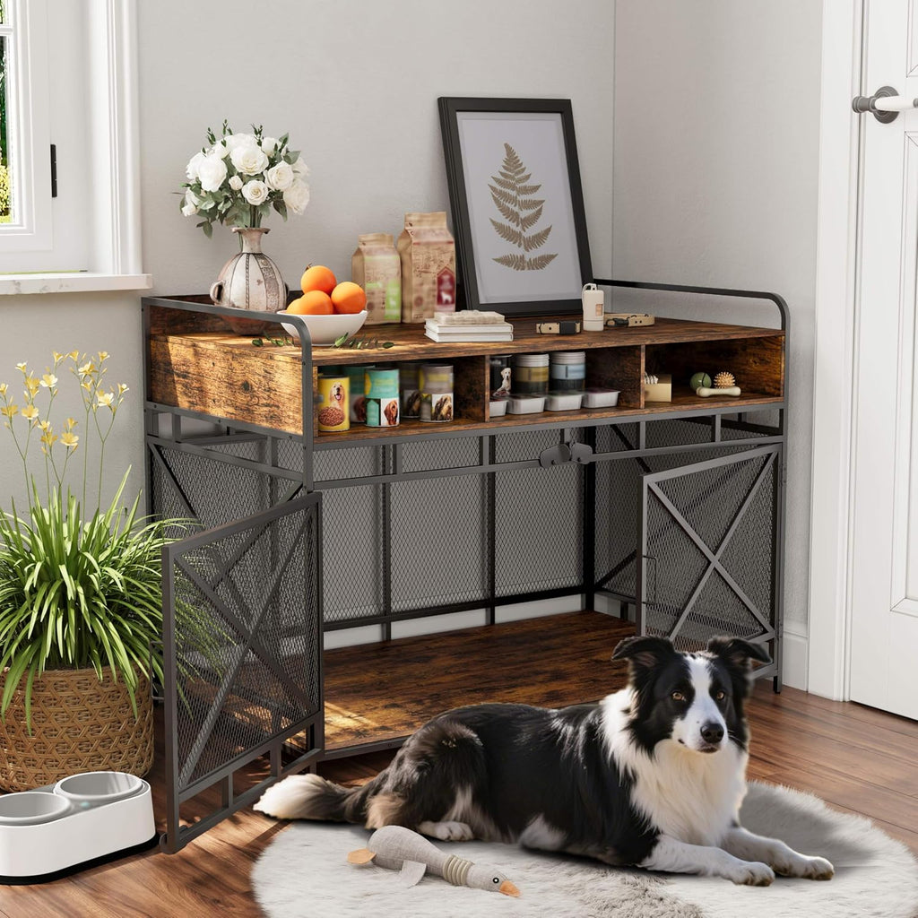 fulhope dog crate furniture, 48" heavy duty wooden, front angle view