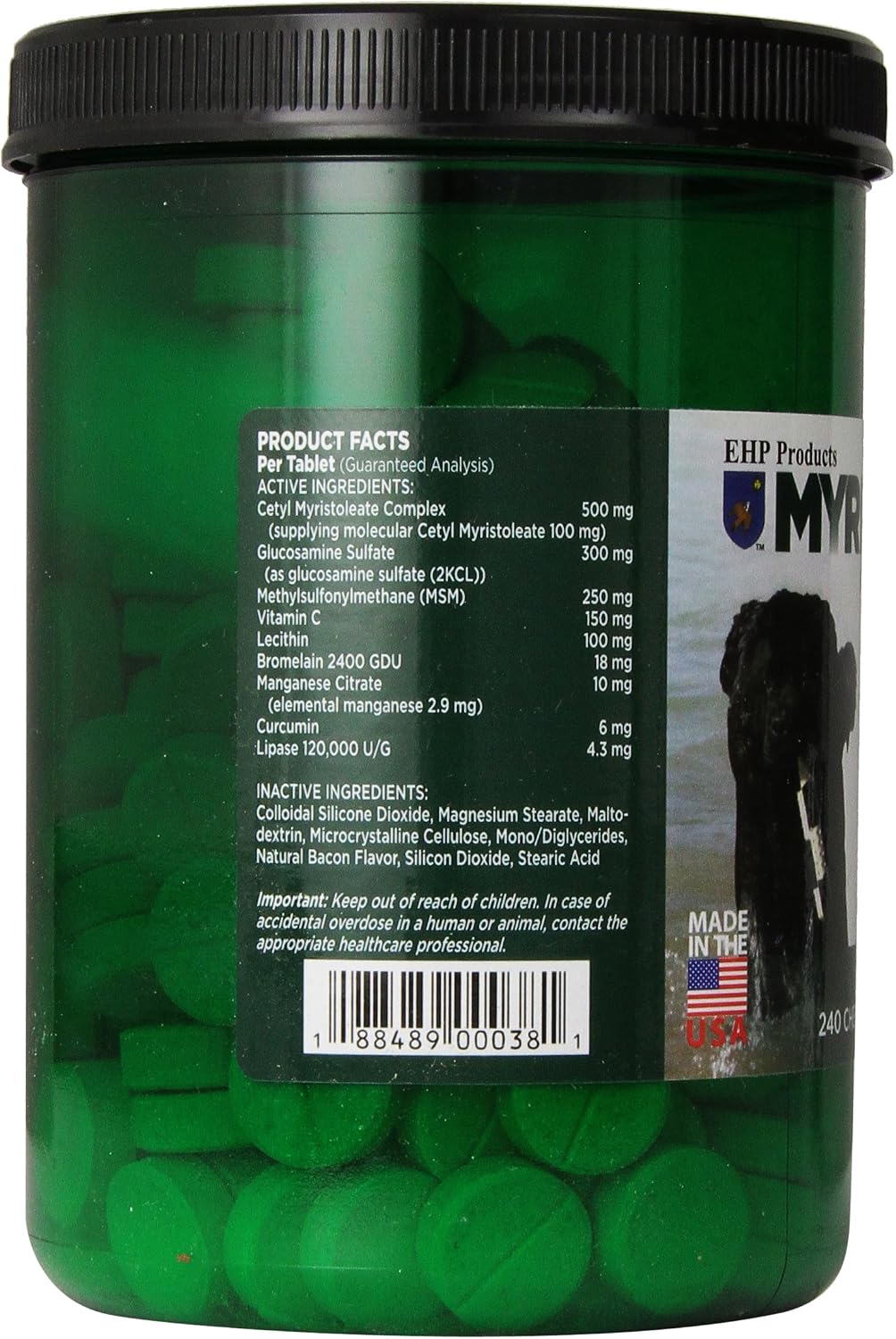 ehp products myristin canine 240 count joint formula, close-up detail