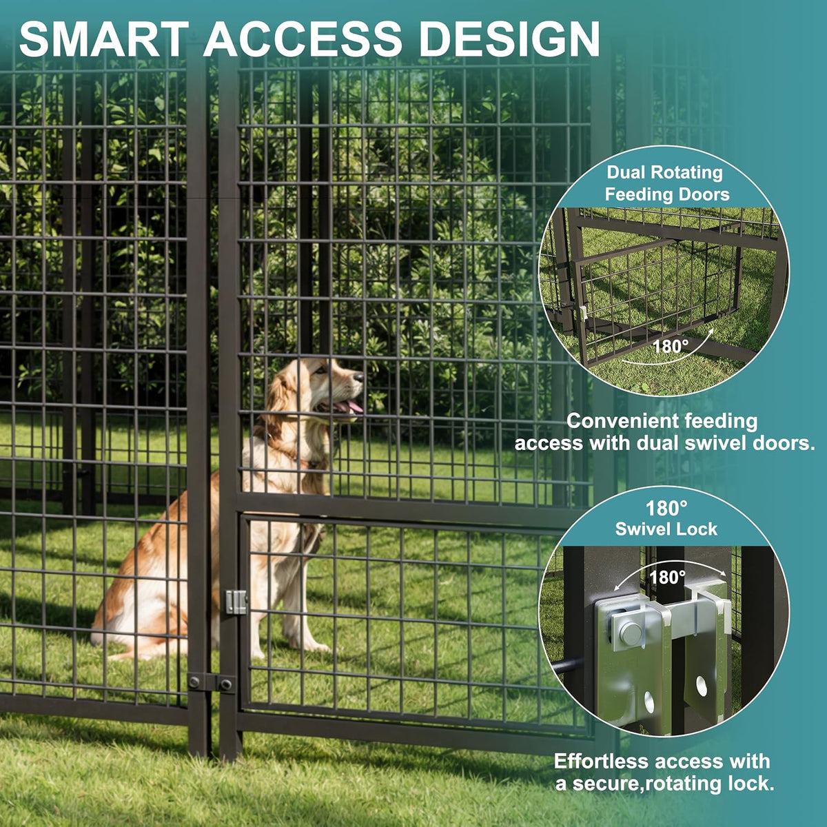 119"x118" dog kennel outside, large outdoor dog kennel, close-up detail