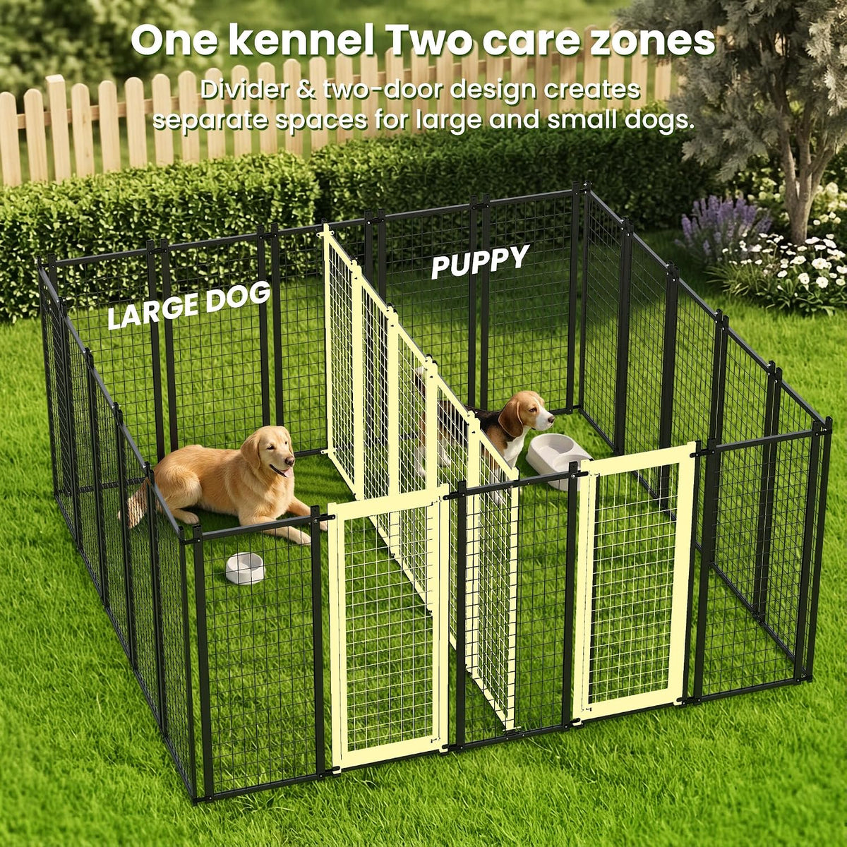 10 x 6 ftdog kennel outdoor, dual-compartment dog showing dimensions
