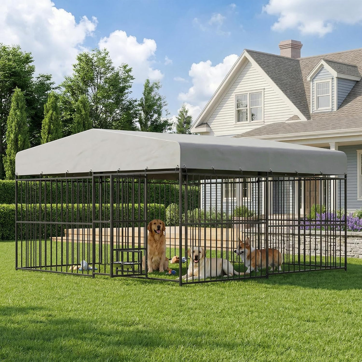 10×10×6 ft outdoor dog kennel with swivel feeder, close-up detail