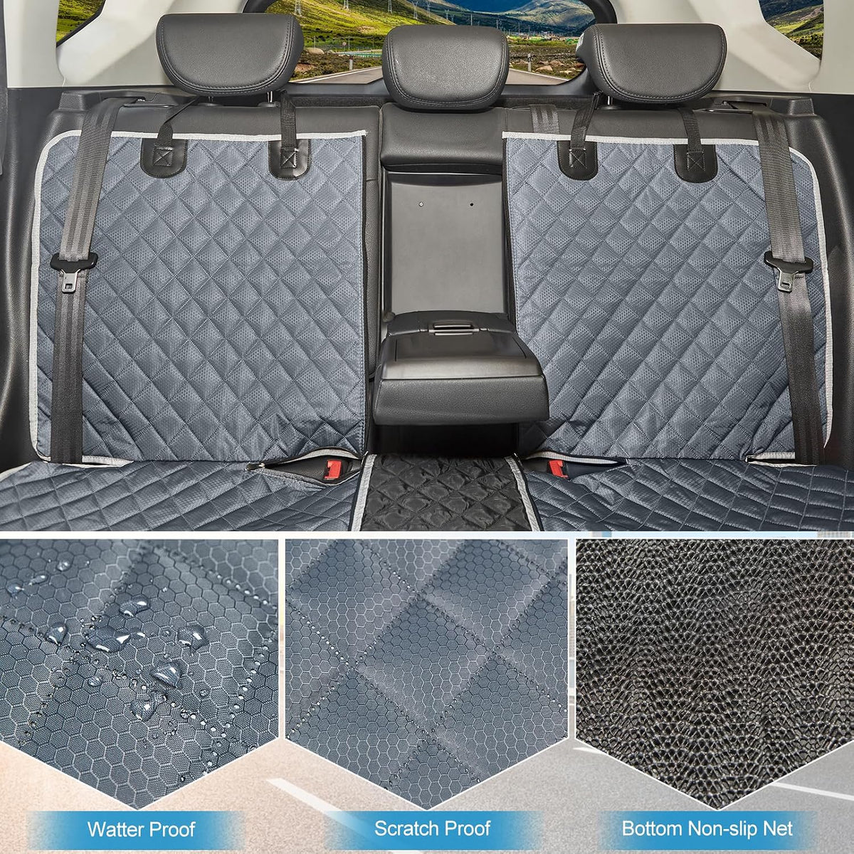 anosospecial grey dog car seat cover for back, close-up detail