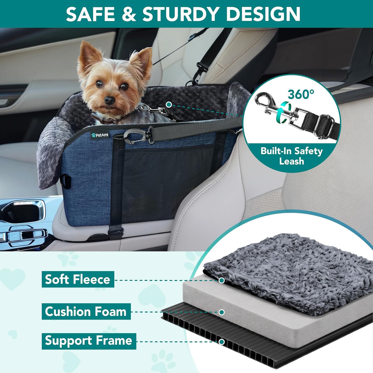 petami center console dog car seat, small dog, side view