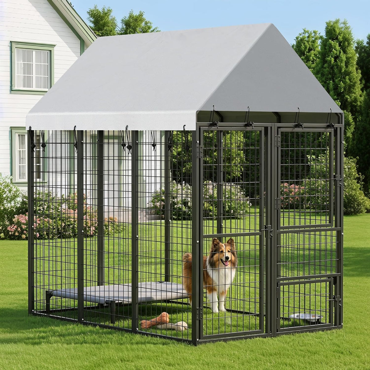 pawhut large dog kennel outdoor with roof for, view 9