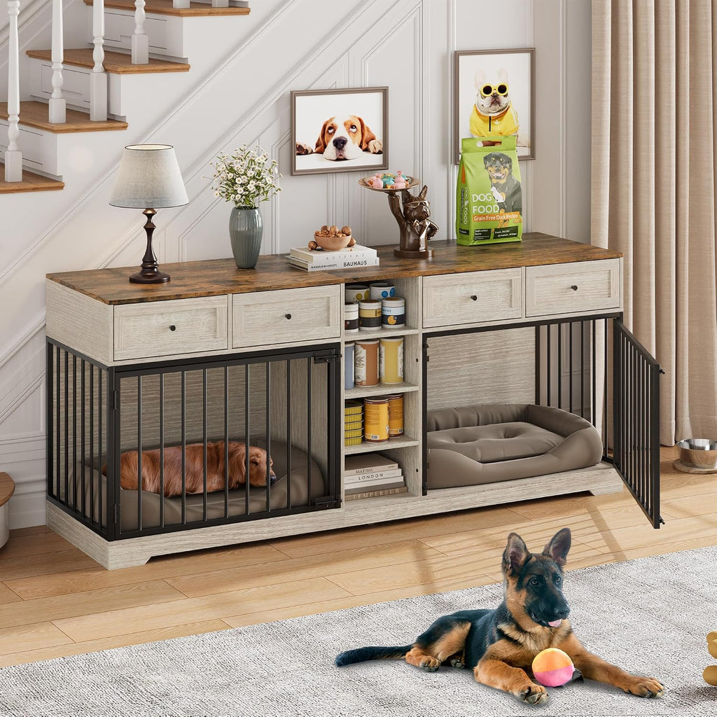 garveehome 82" double dog crate furniture with storage, close-up detail