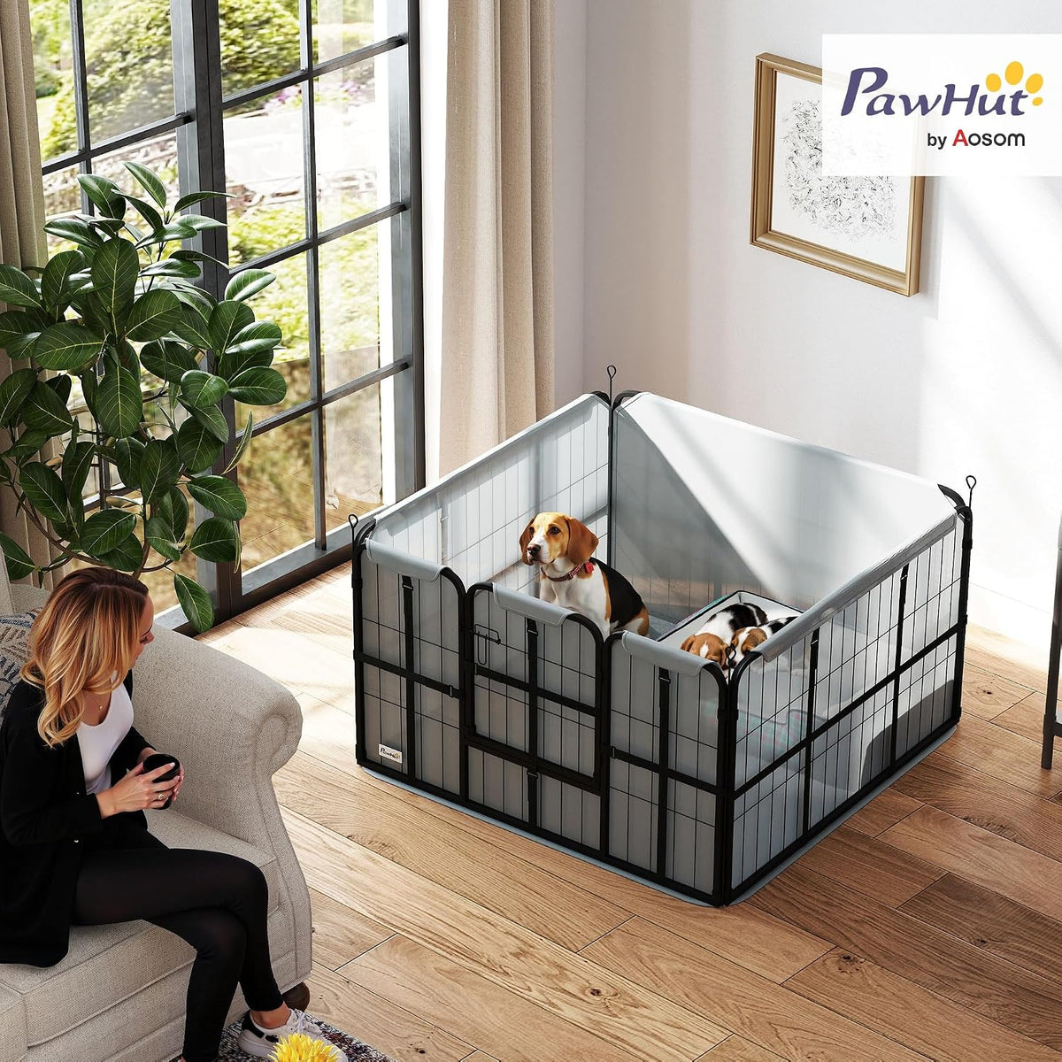 pawhut whelping box for dogs and puppies 4-panel shown in use