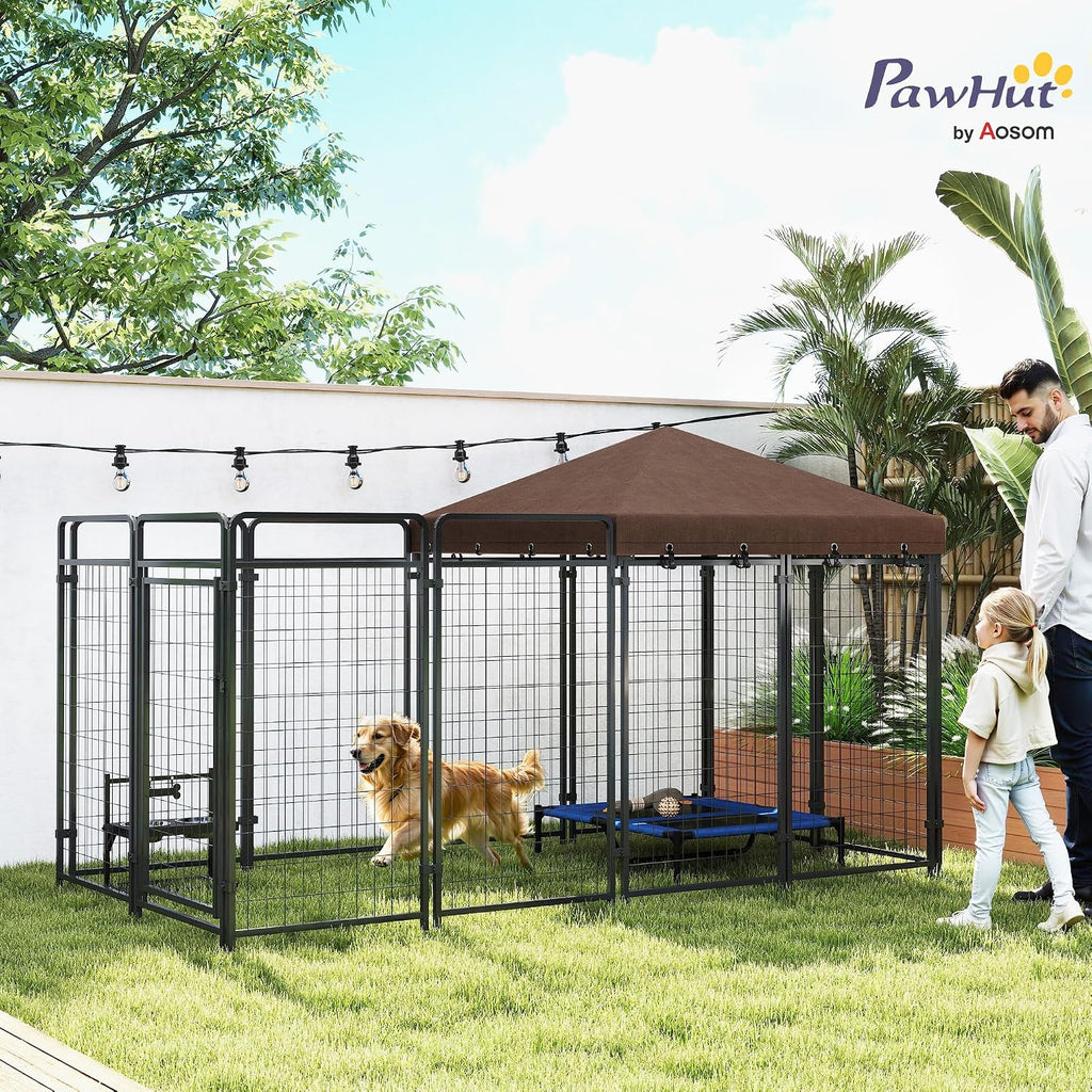 pawhut dog kennel outdoor with waterproof canopy, dog shown in use