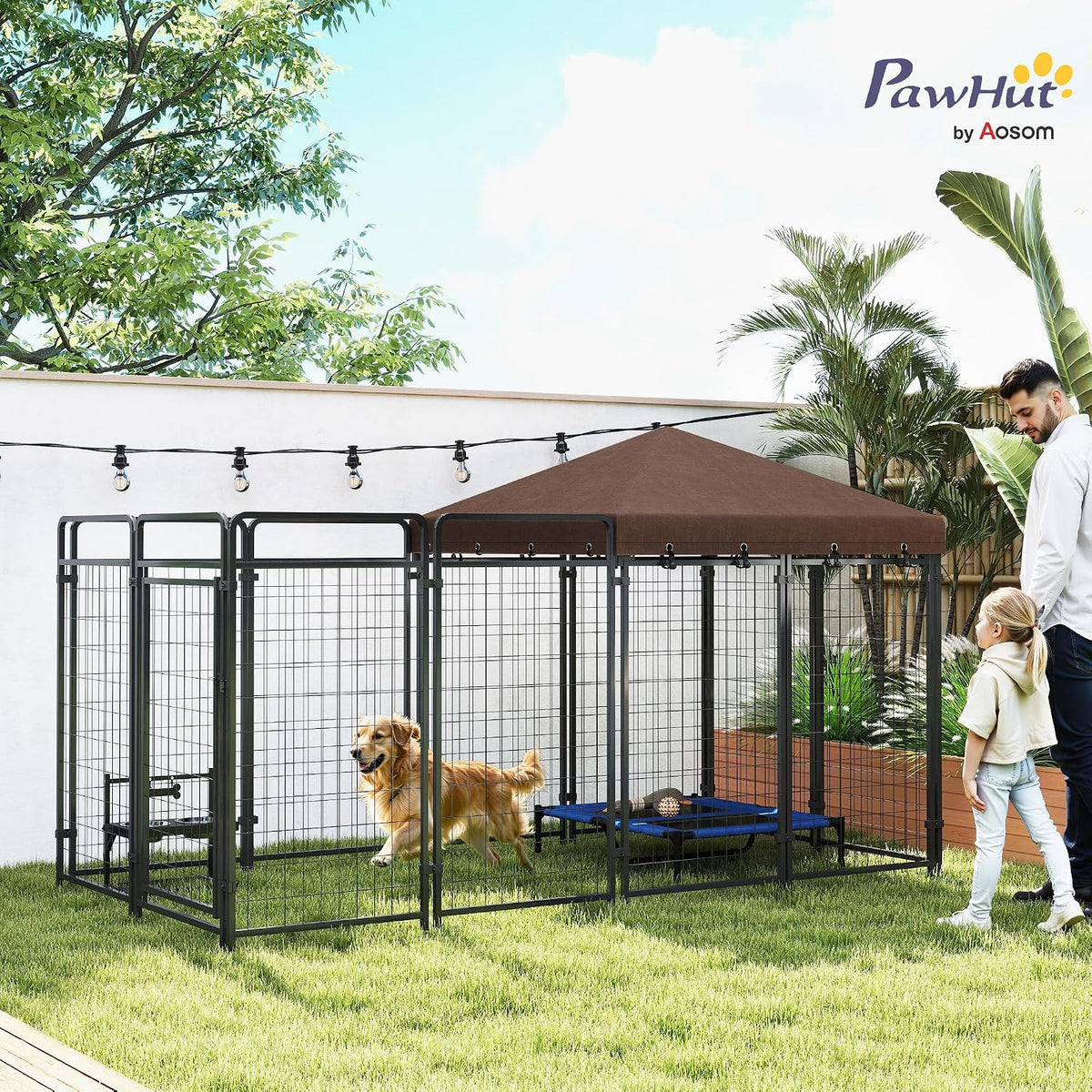 pawhut dog kennel outdoor with waterproof canopy, dog shown in use