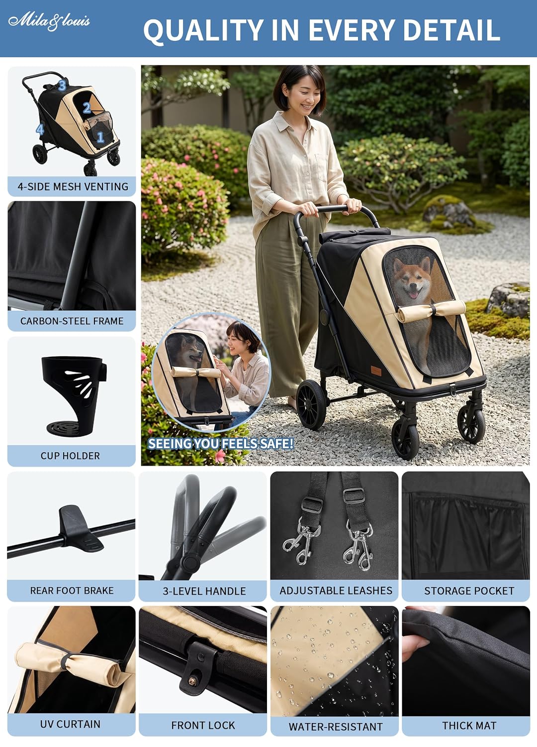 dog stroller for large & 2 dogs, one-click, front angle view