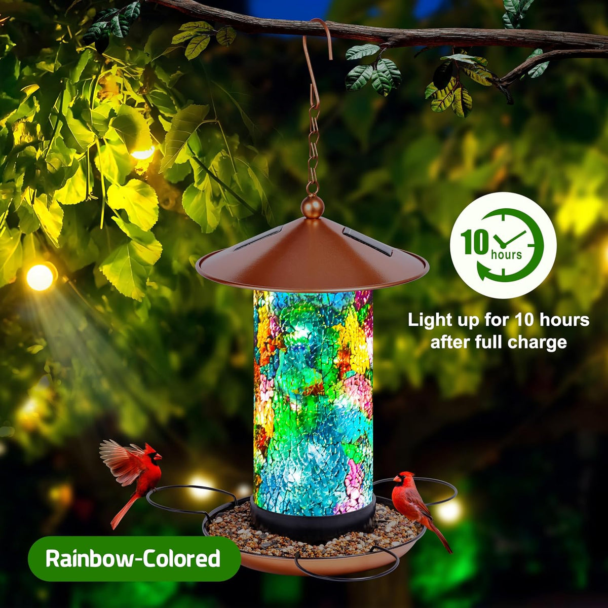 xdw-gifts mosaic solar wild bird feeder, waterproof lantern, side view