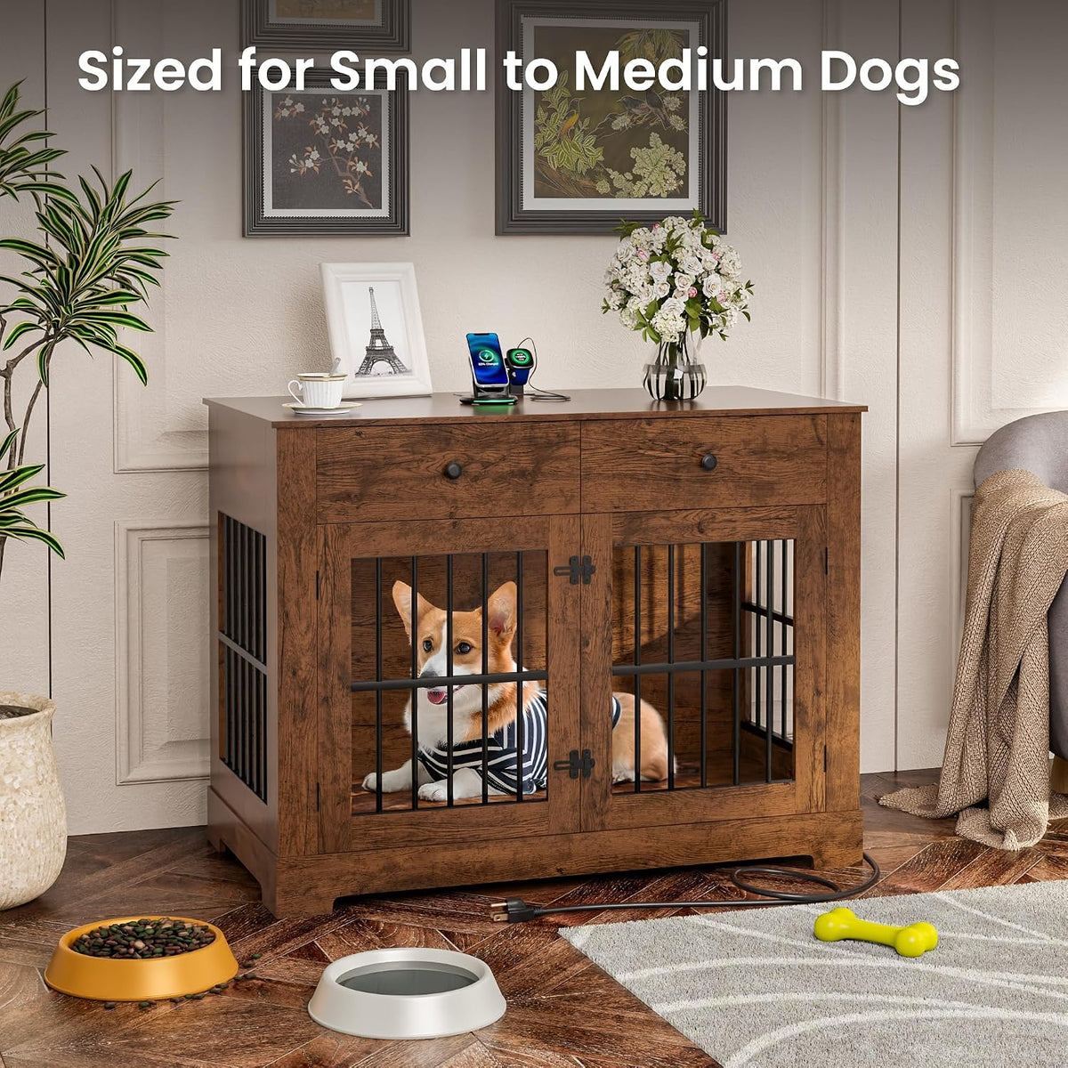 44'' dog crate furniture large wooden dog kennel, side view