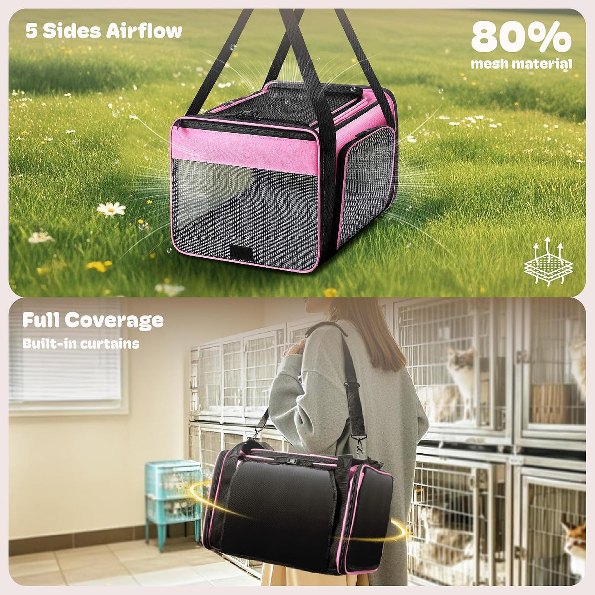 top and 2 sides expandable pet carrier 17x11x9.5, close-up detail