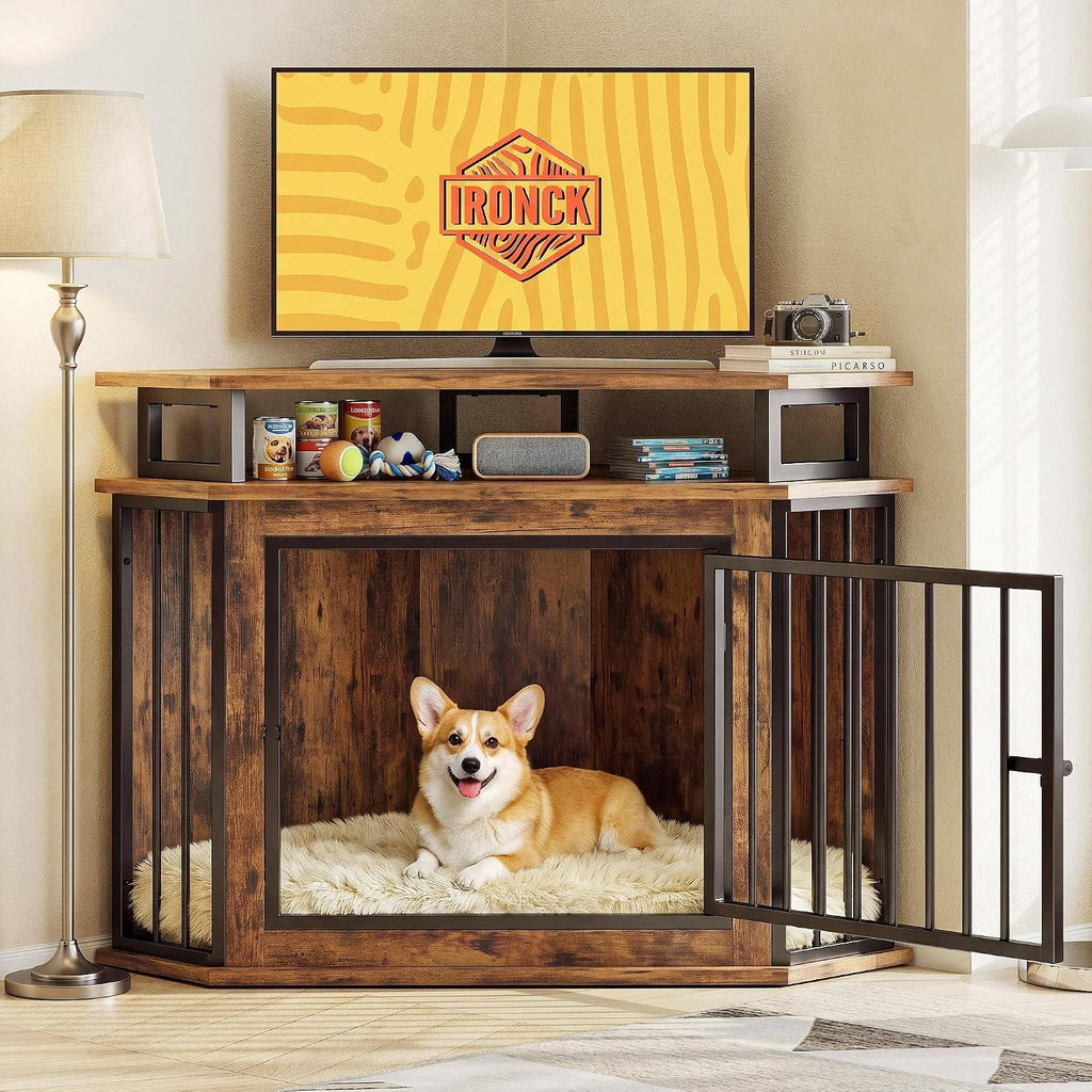 ironck 43.3" corner dog crate furniture with 2-tier shown in use
