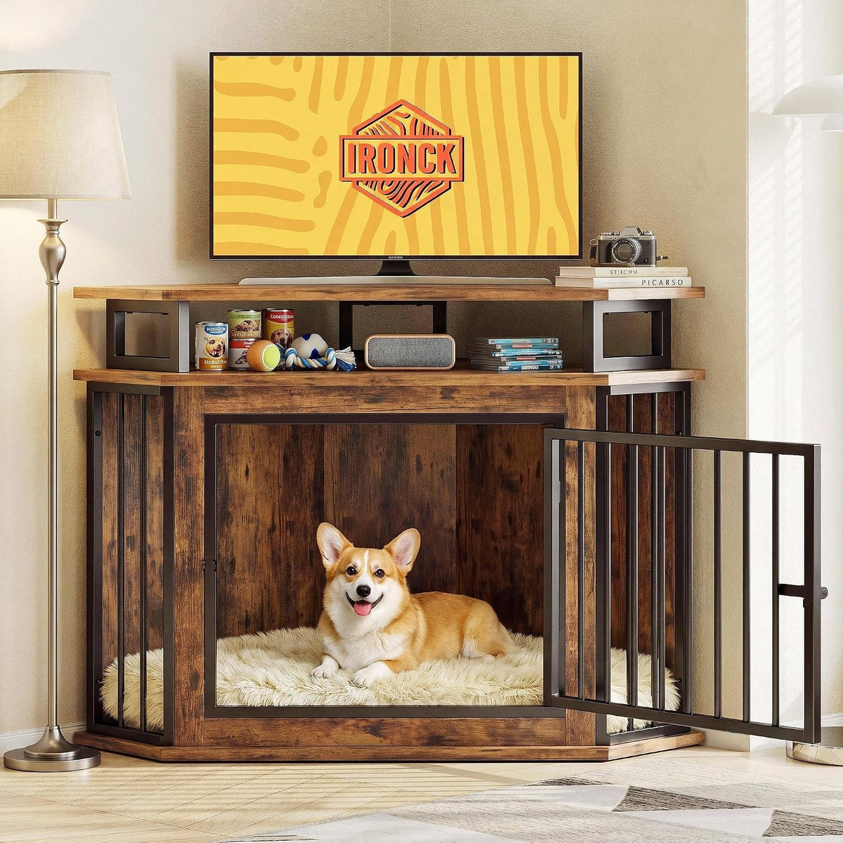 ironck 43.3" corner dog crate furniture with 2-tier shown in use