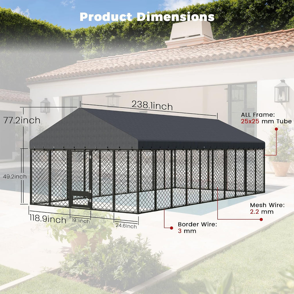10x20 ft heavy duty dog kennel outdoor with, front angle view