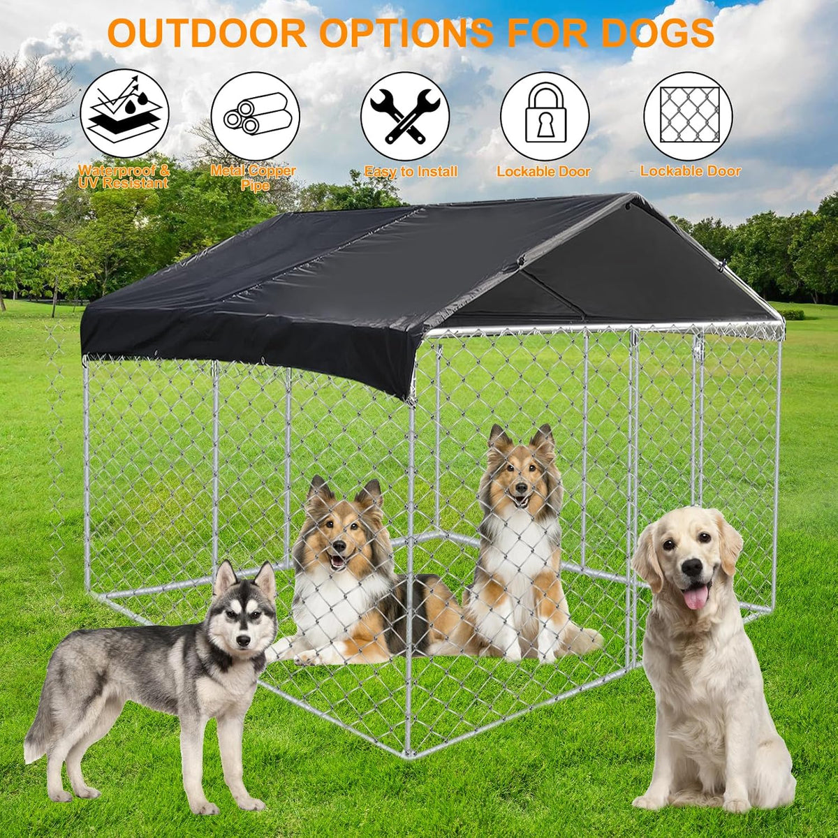 10x10 ft outdoor metal dog kennel with roof, close-up detail