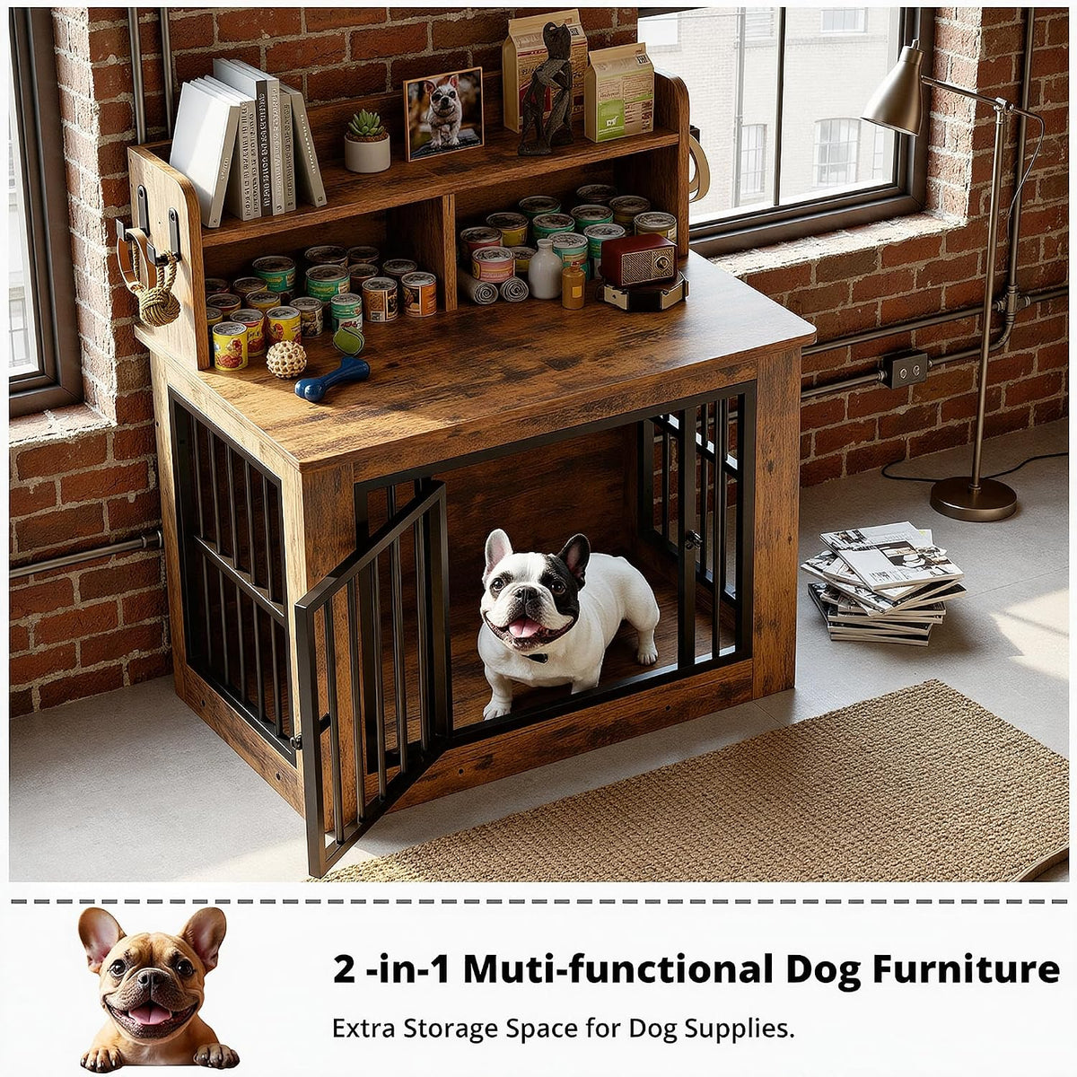 ironck 33.4" small dog crate furniture with storage, side view