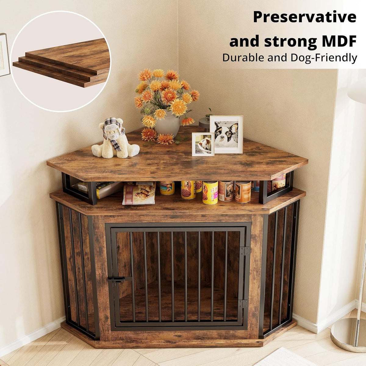 ironck 43.3" corner dog crate furniture with 2-tier, side view