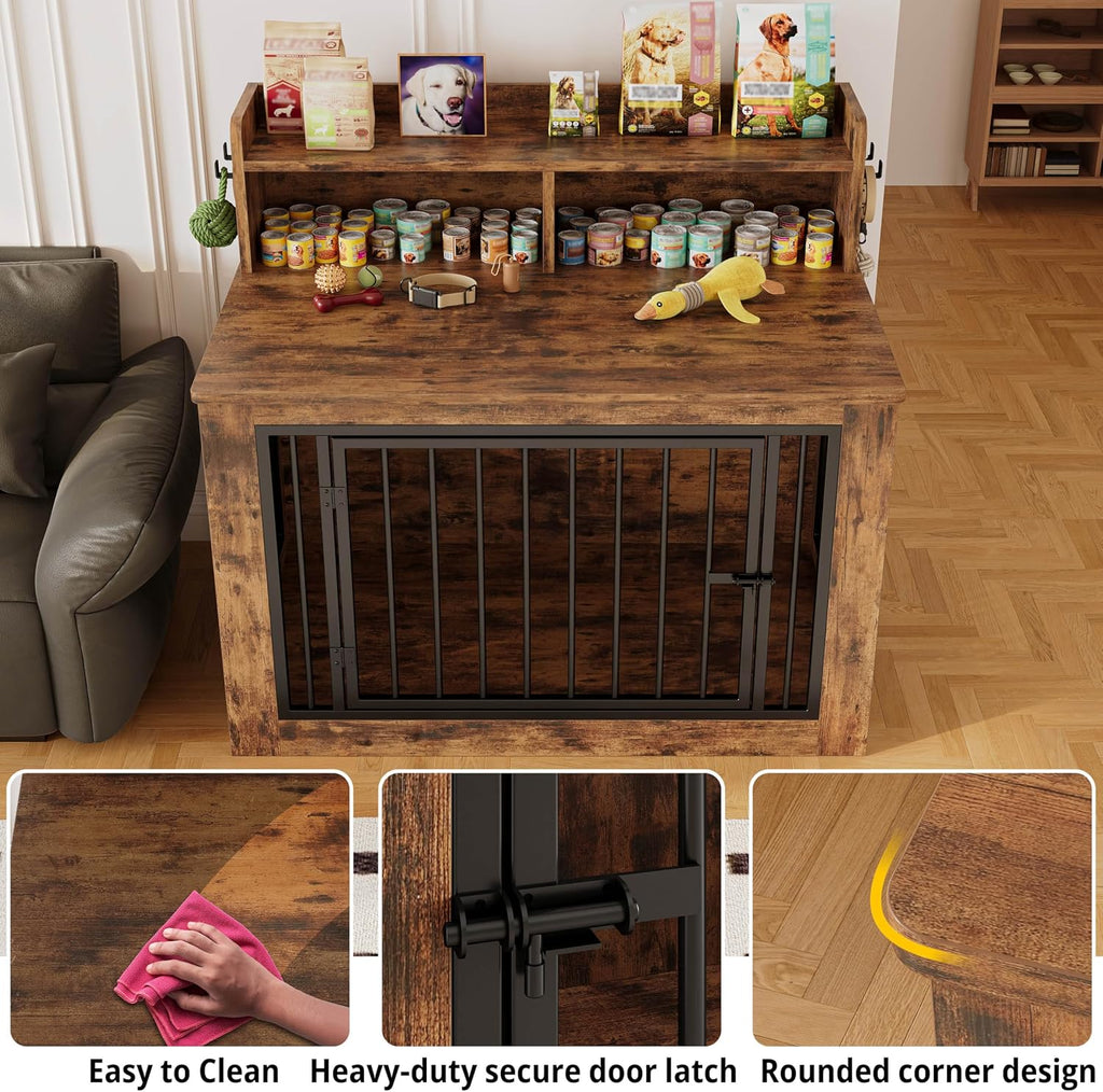 ironck dog crate furniture, 43.3 inches wooden large showing dimensions