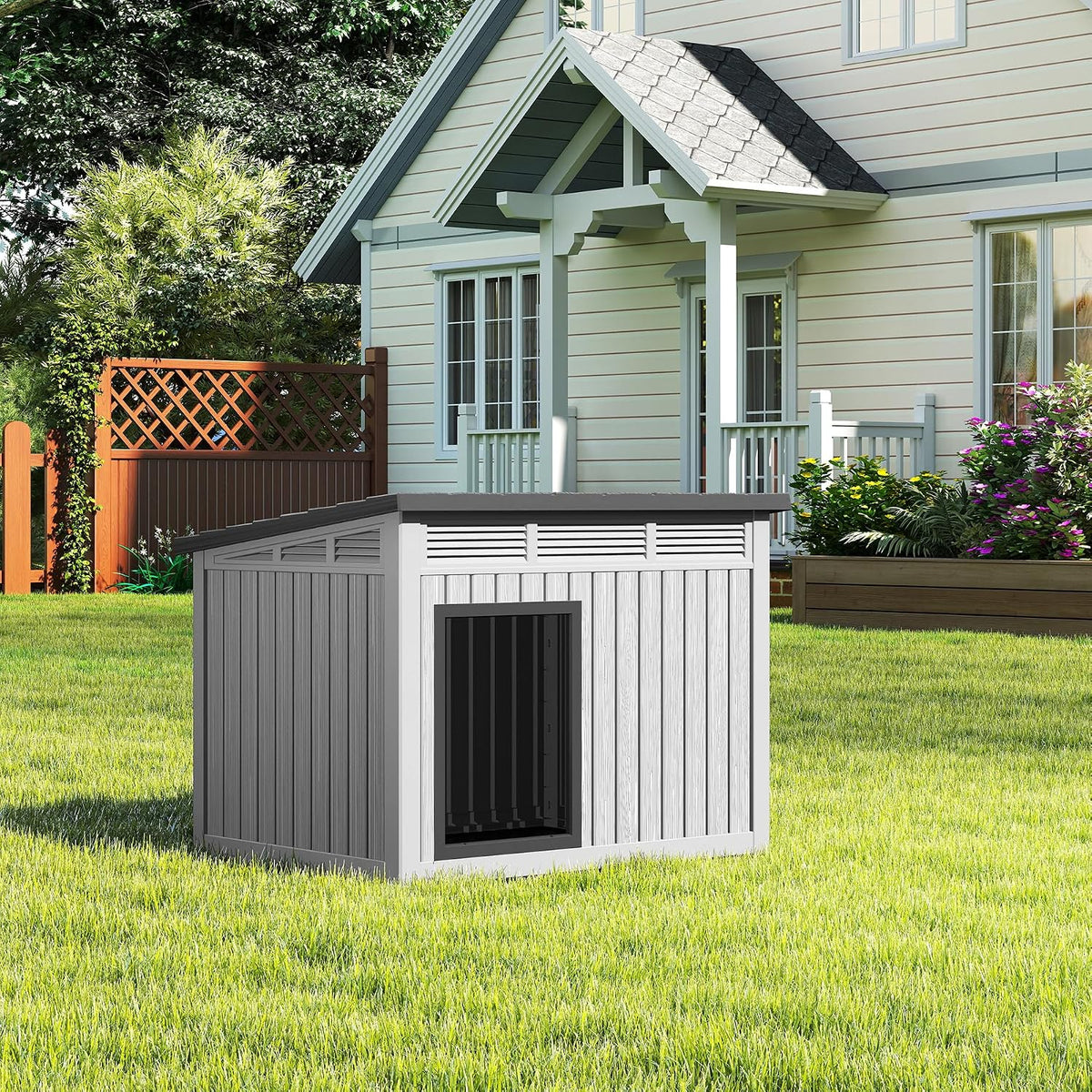 fancyango outdoor dog house for large dogs, outside on a desk or shelf