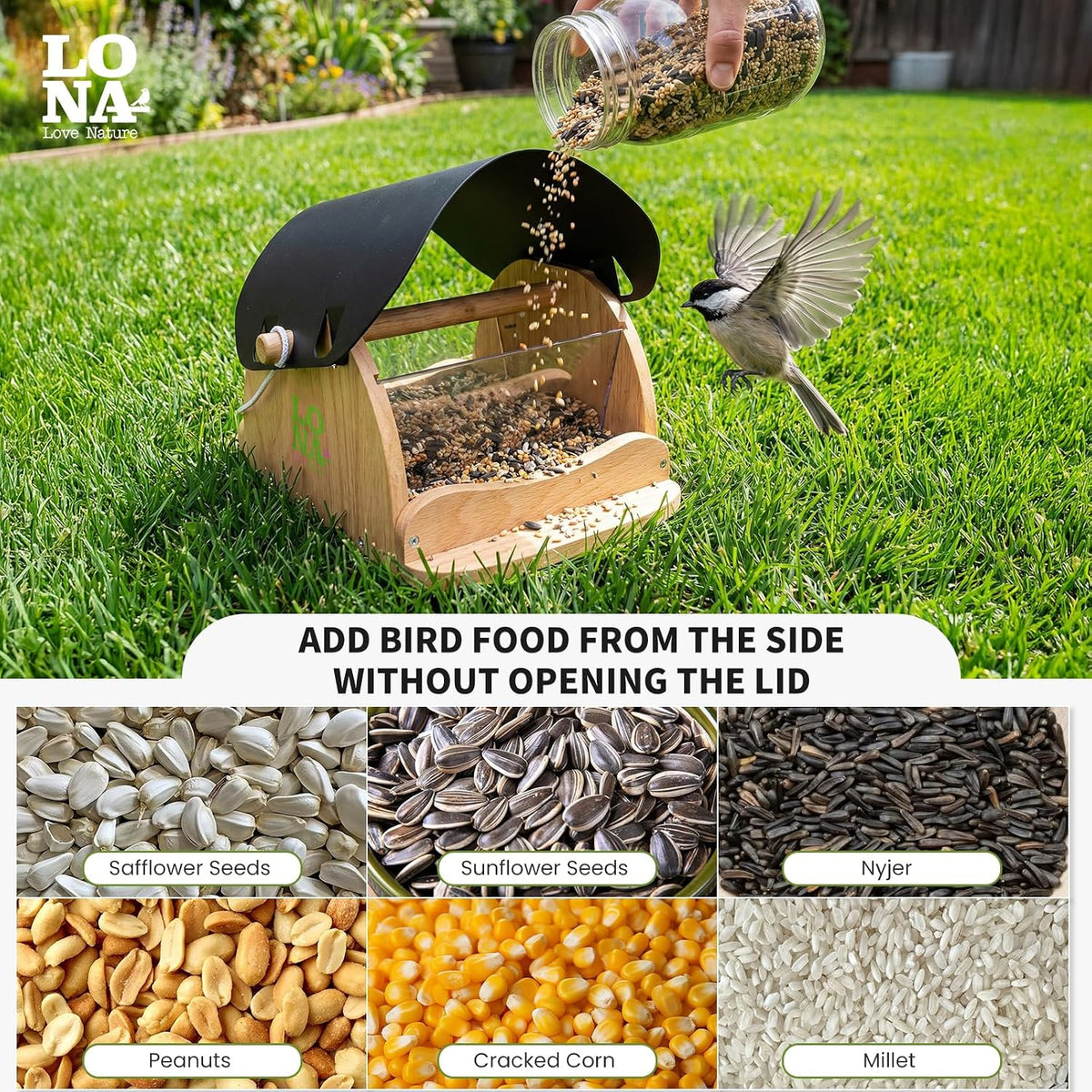 lona wooden bird feeder for outdoors hanging, large, close-up detail