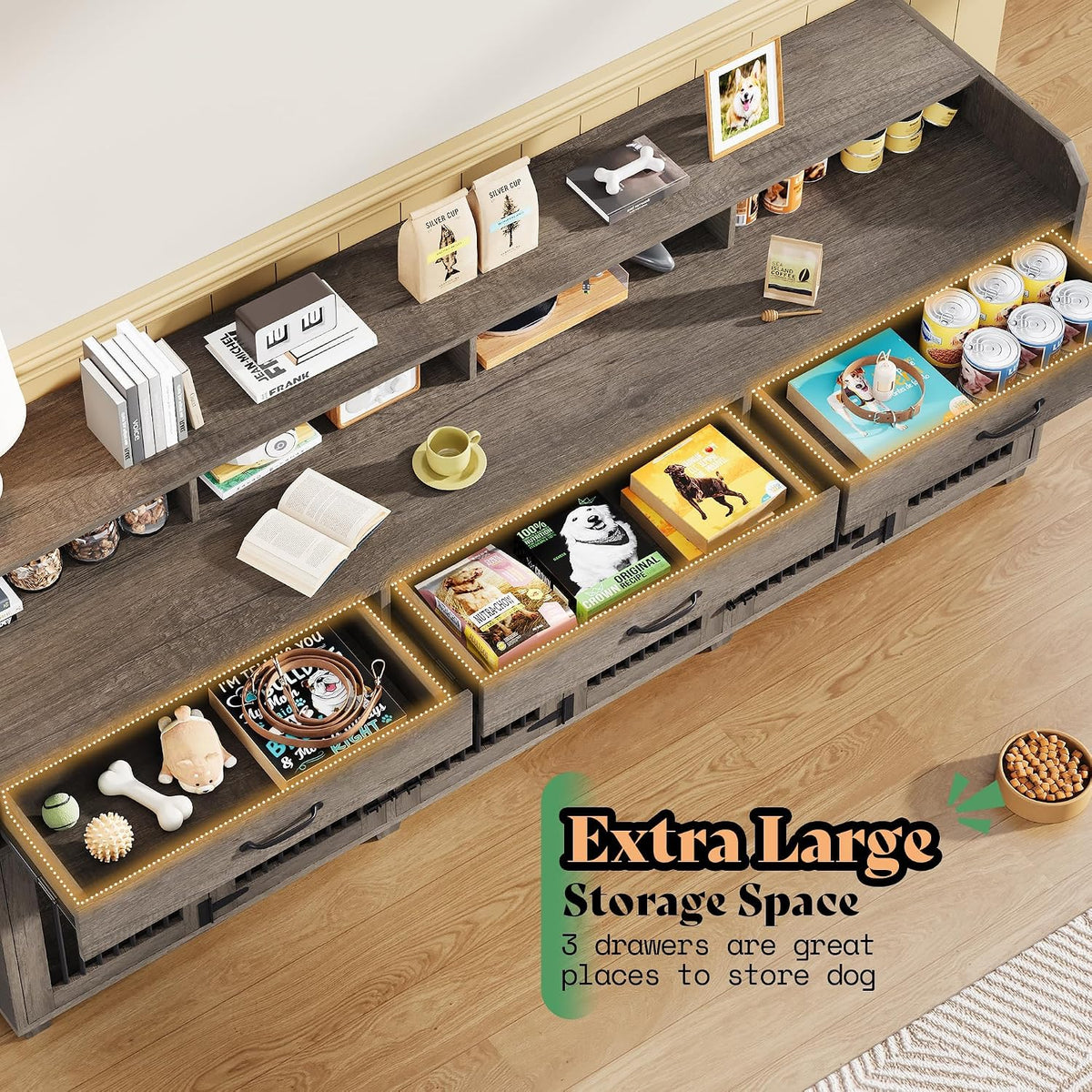 amerlife 95" dog crate furniture, multi-functional tv stand, side view