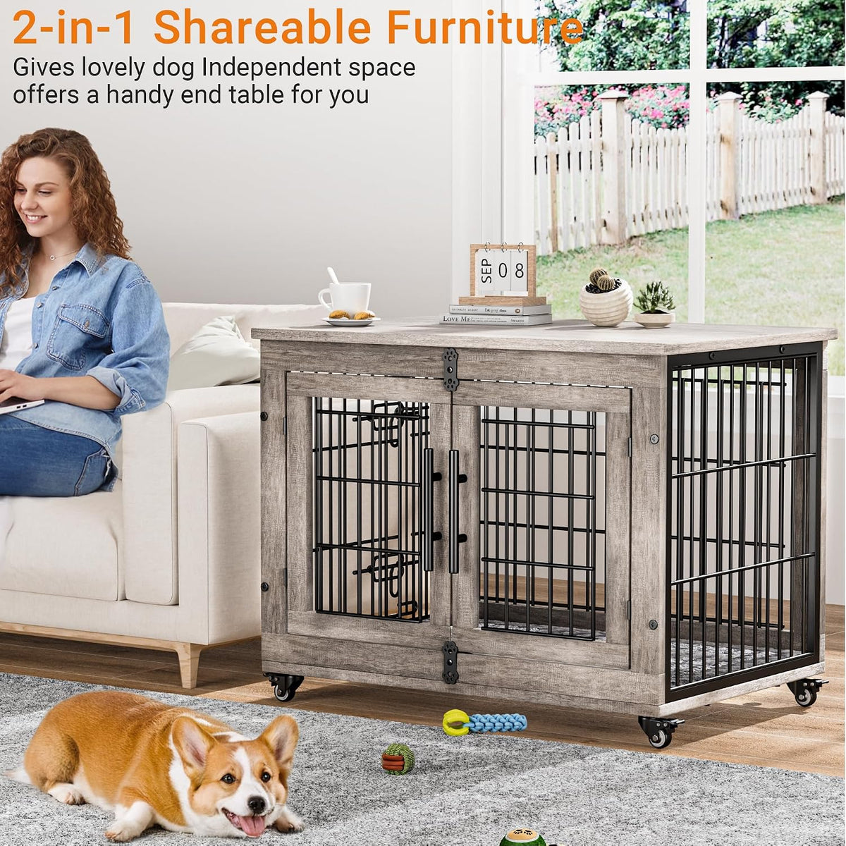 medium dog crate furniture, 32'' heavy duty kennel shown in use