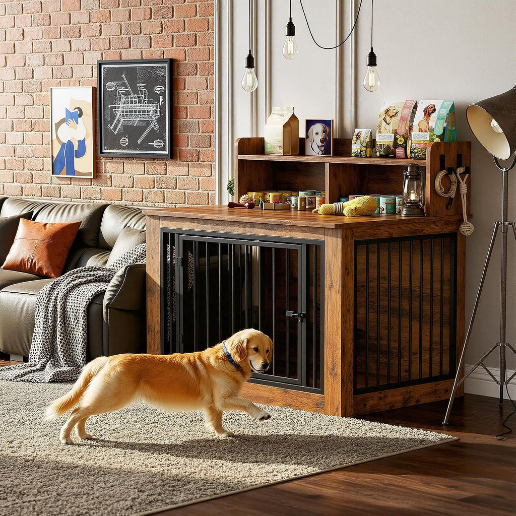 ironck dog crate furniture, 43.3 inches wooden large, front angle view