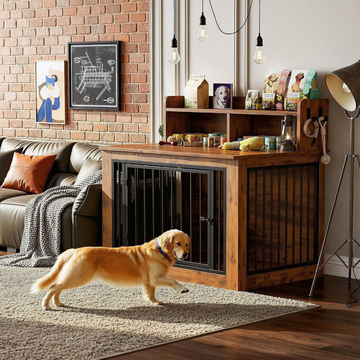 ironck dog crate furniture, 43.3 inches wooden large, front angle view