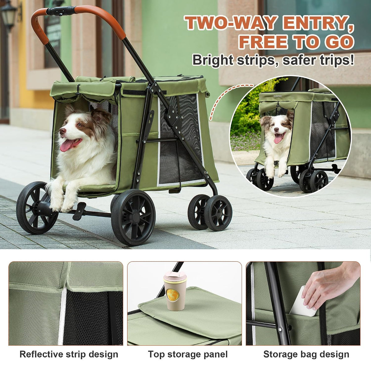 medium dog stroller, dual entry one-touch folding,small and, close-up detail