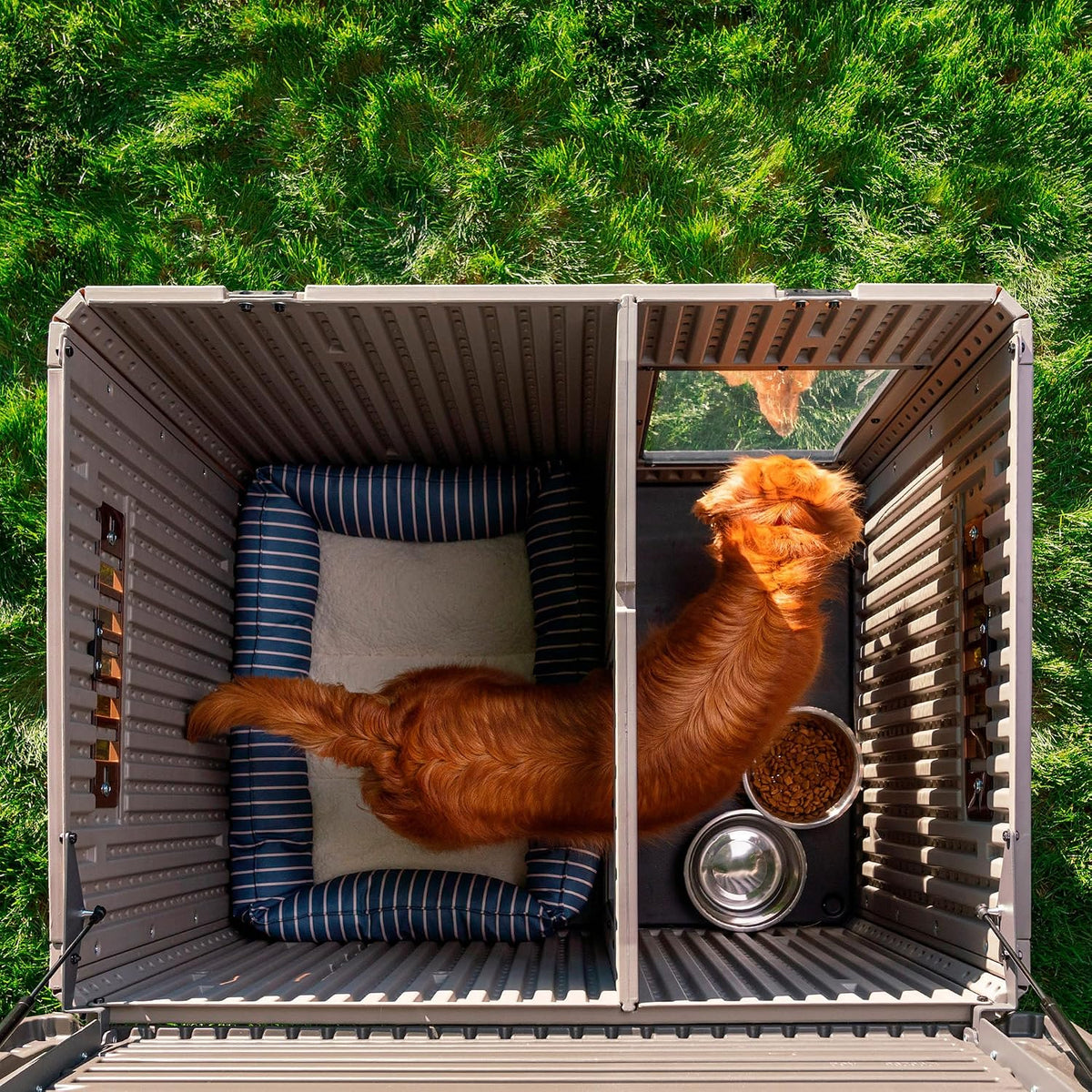 lifetime deluxe dog house, weather protected with adjustable showing dimensions