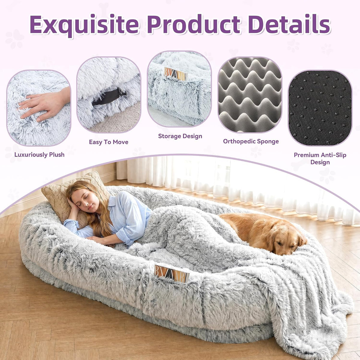 grey human dog bed - 71''x45''x12'' size fits, close-up detail