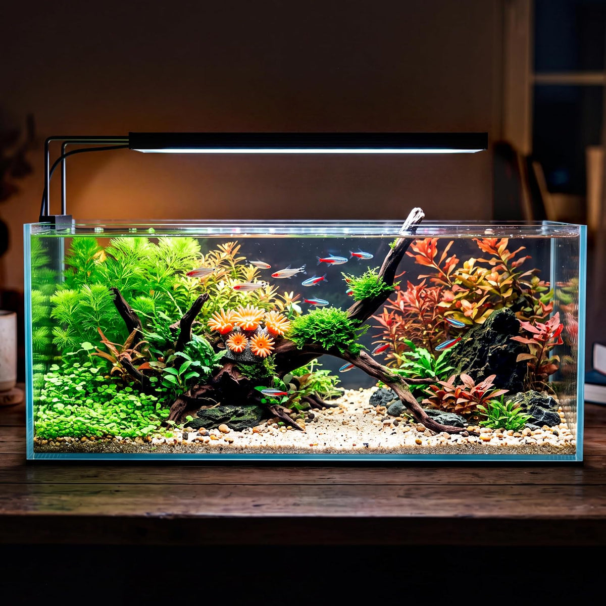 11.9 gallon rimless low‑profile aquarium, long shallow rimless, close-up detail