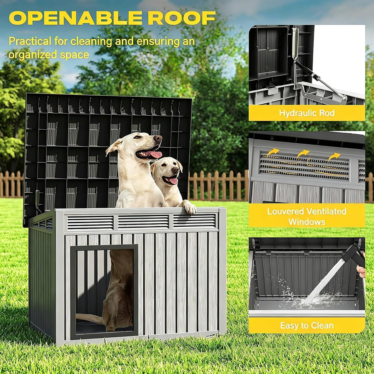 fancyango outdoor dog house for large dogs, outside, close-up detail