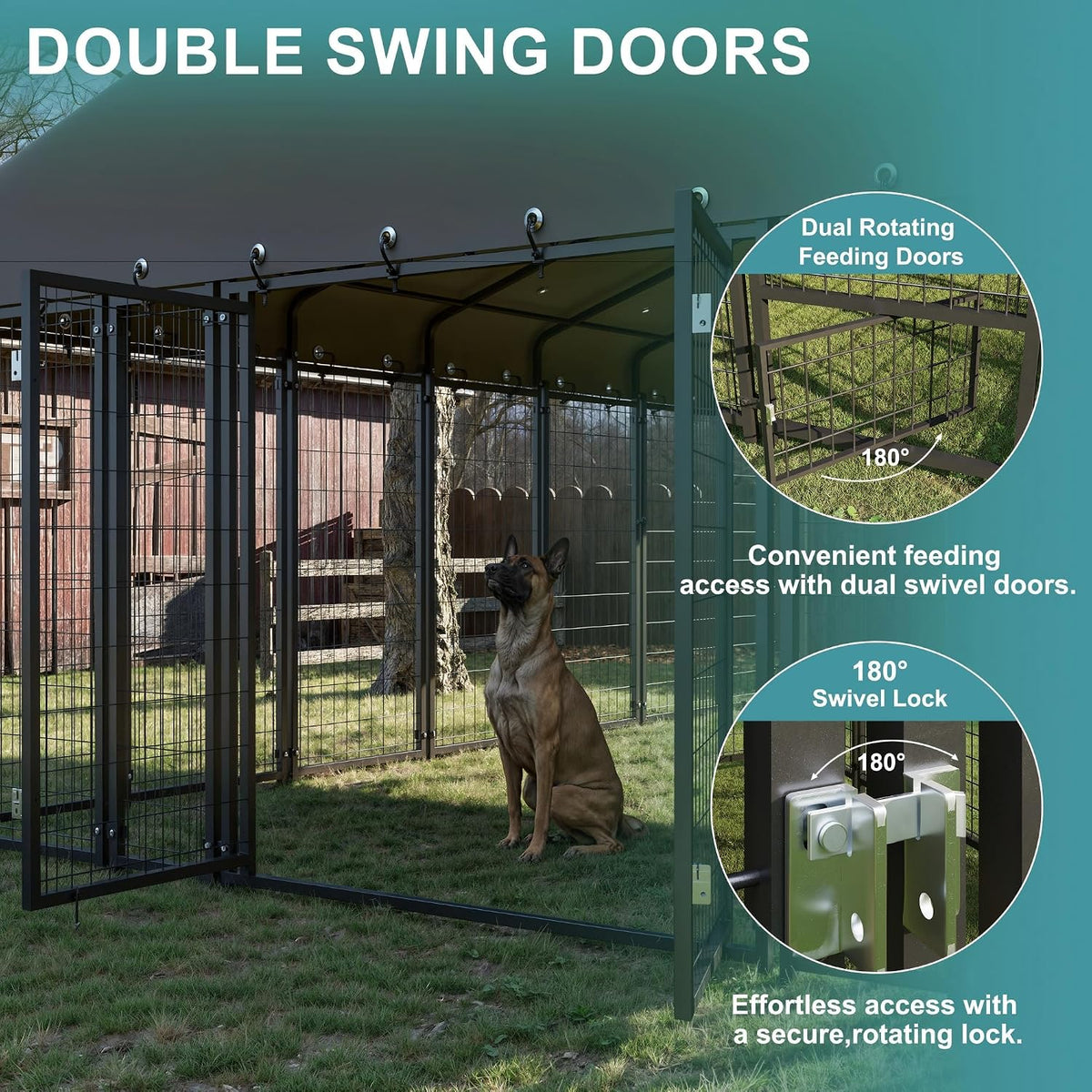 20 ft large outdoor dog kennel with double, close-up detail