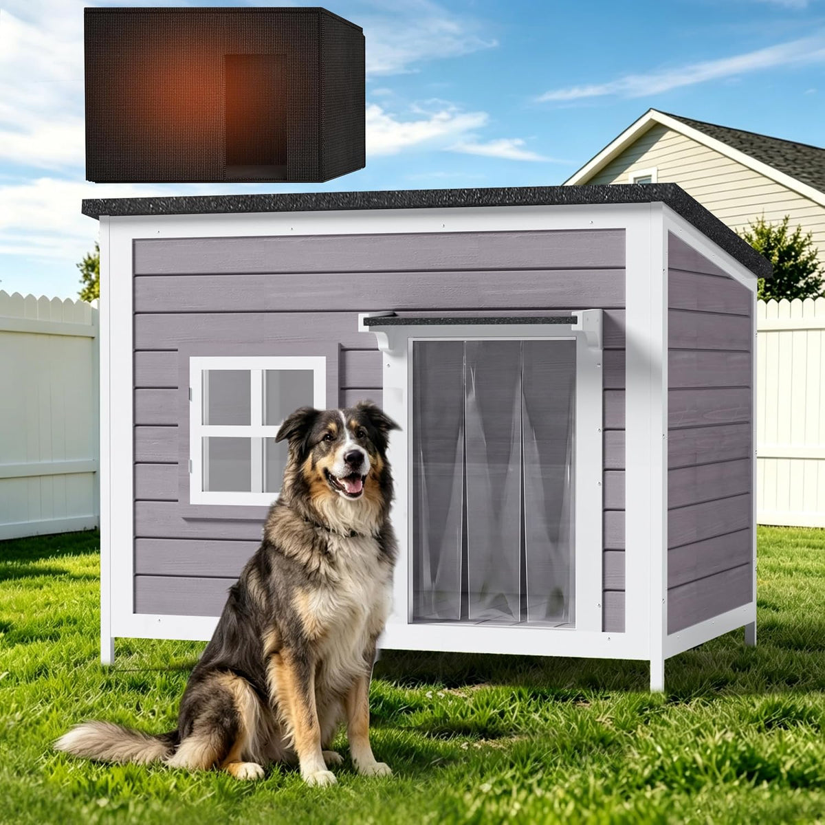 43" insulated large outdoor dog house, grey on a desk or shelf