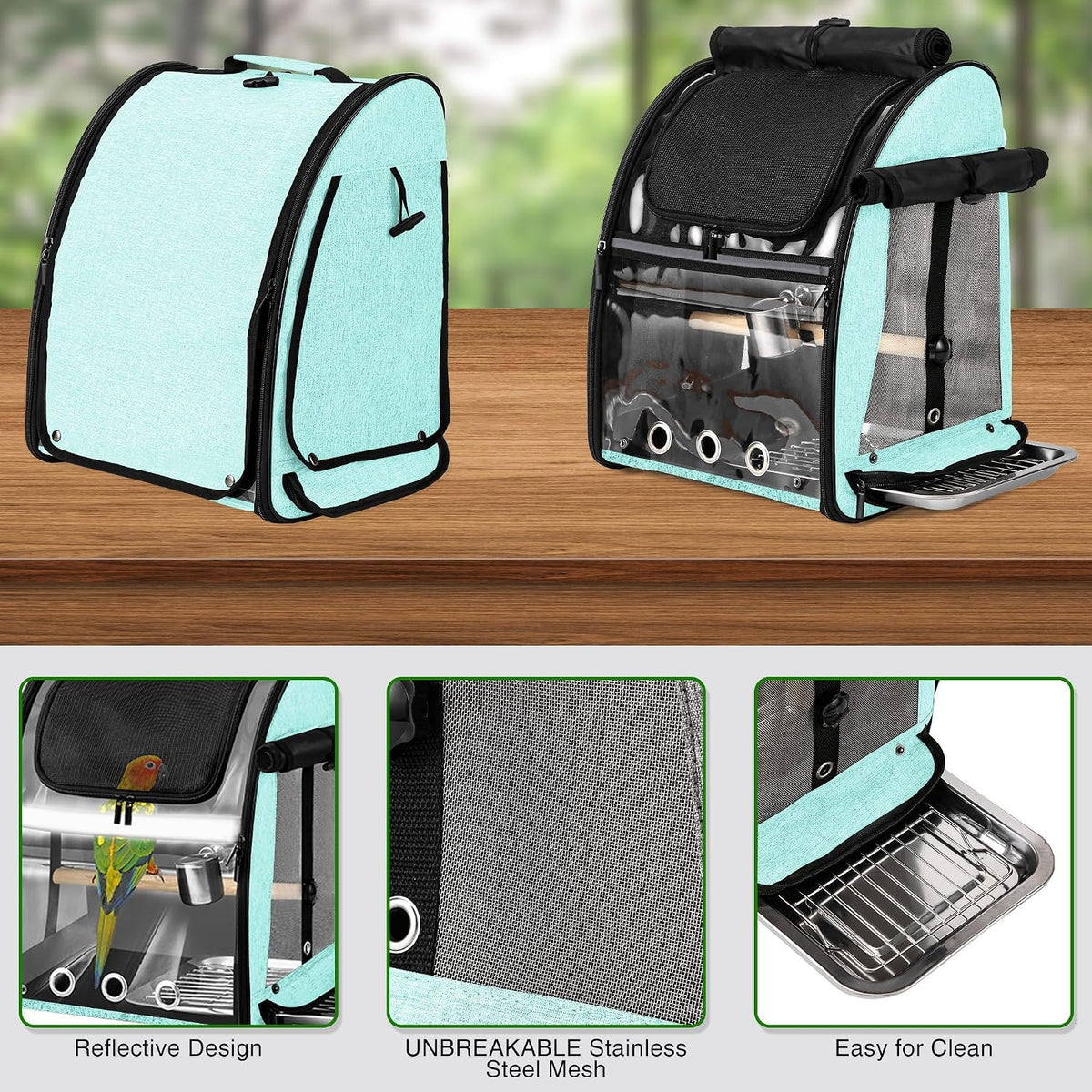bird carrier bag with indestructible stainless steel mesh, side view