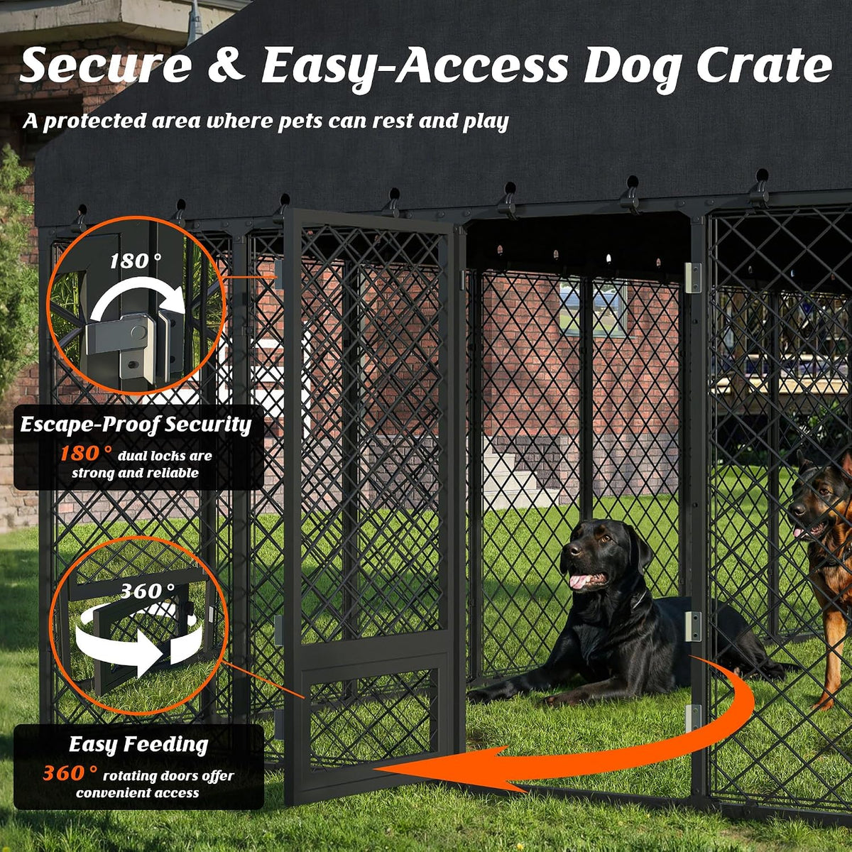 10x14ft outdoor dog kennel with roof and feeding, close-up detail