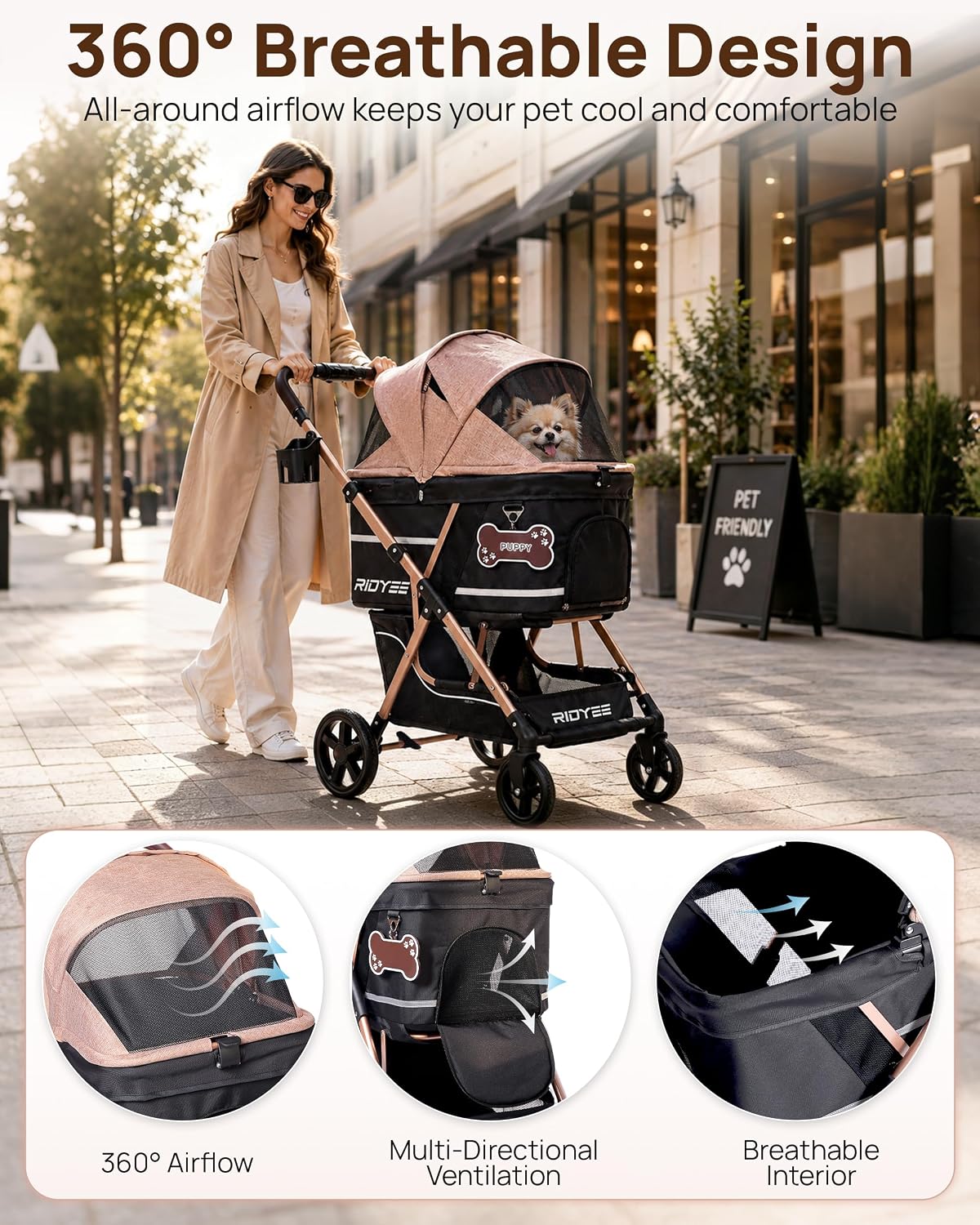 ridyee foldable dog stroller for small & medium, front angle view