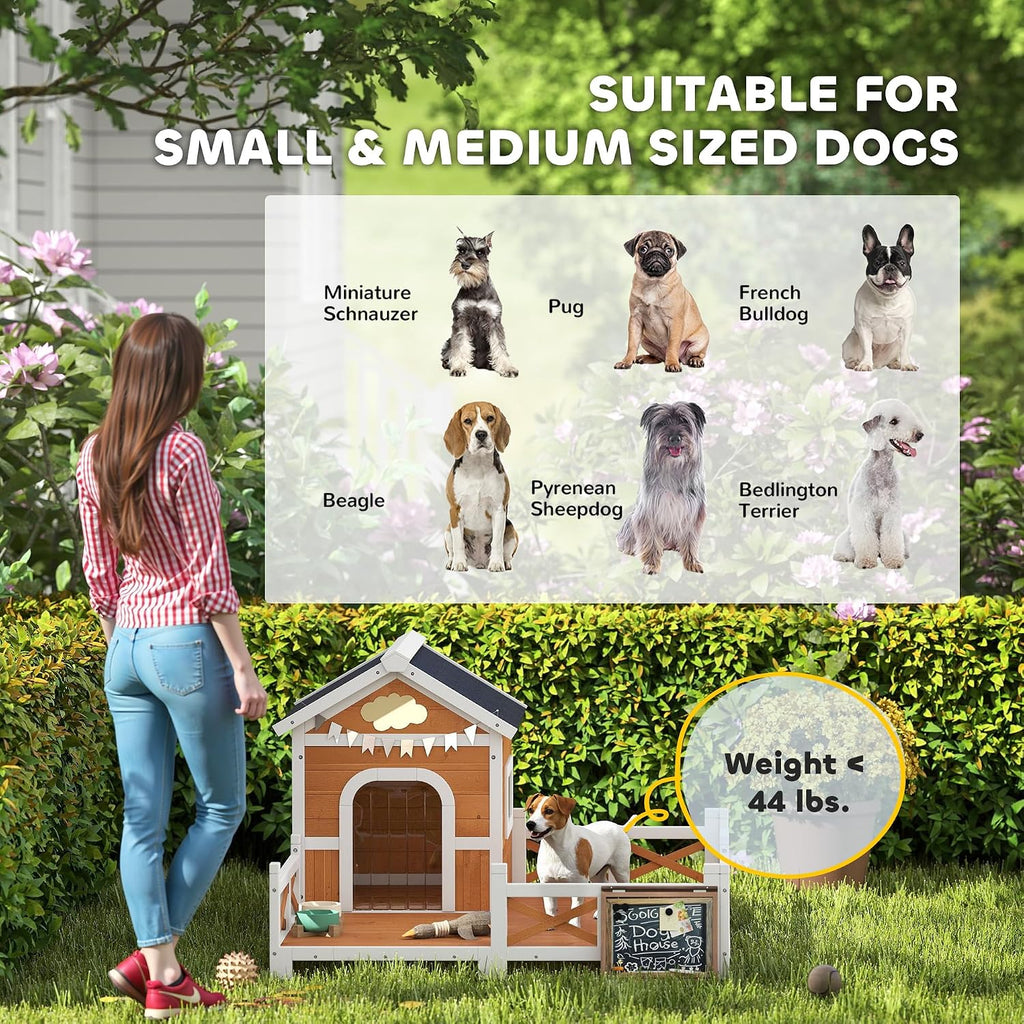 pawhut outdoor dog house, 56" wooden dog house, front angle view