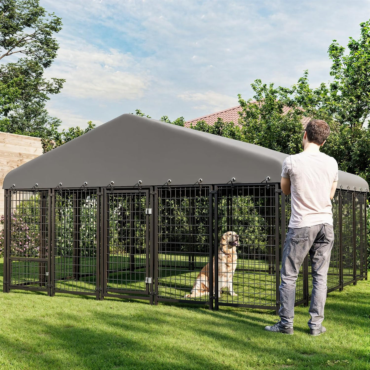 119"x119" dog kennel outside, large outdoor dog kennel, side view