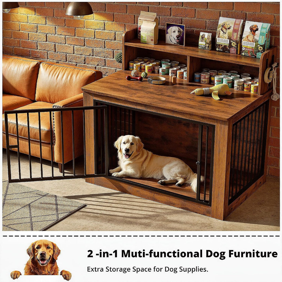 ironck dog crate furniture, 43.3 inches wooden large, side view