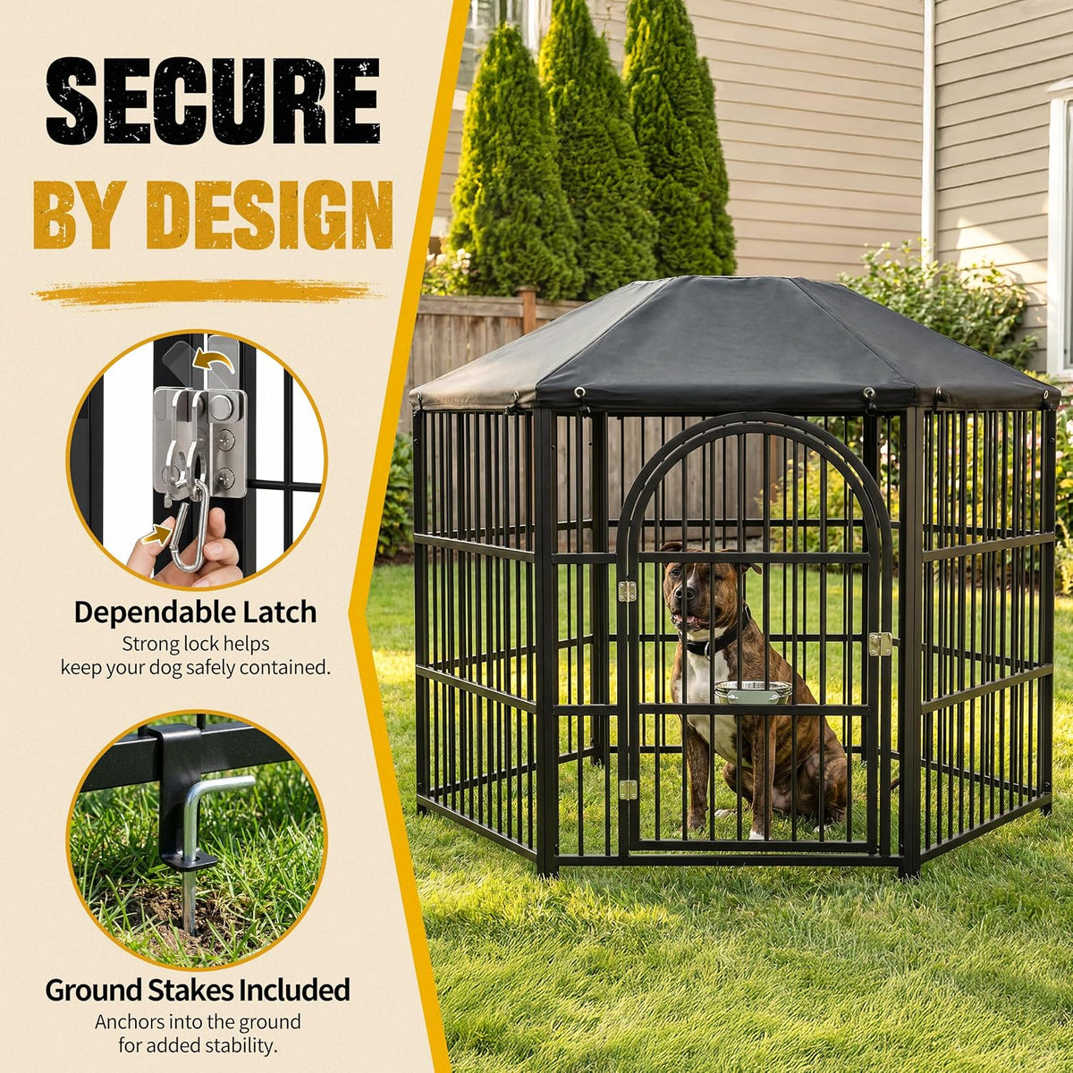 heavy duty outdoor dog crate with waterproof roof, side view