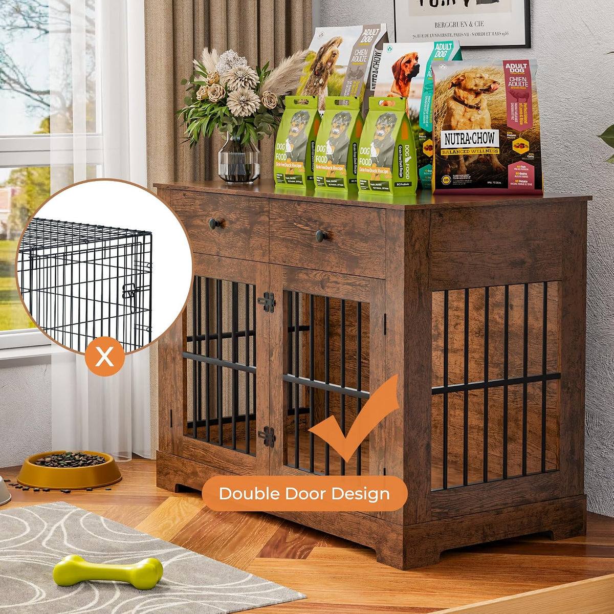 44'' dog crate furniture large wooden dog kennel on a desk or shelf