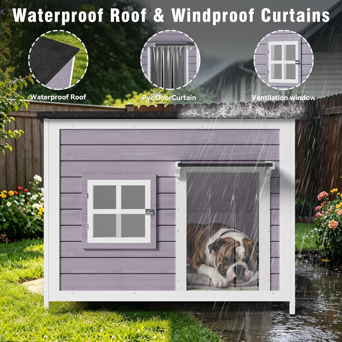 43" insulated large outdoor dog house, grey, close-up detail