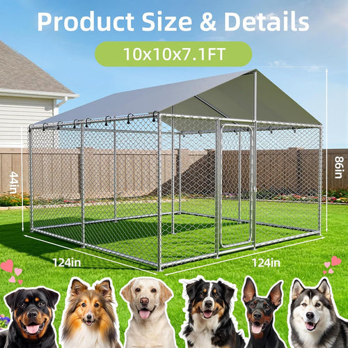 10x10x7.1 ft large outdoor dog kennel outside, heavy shown in use