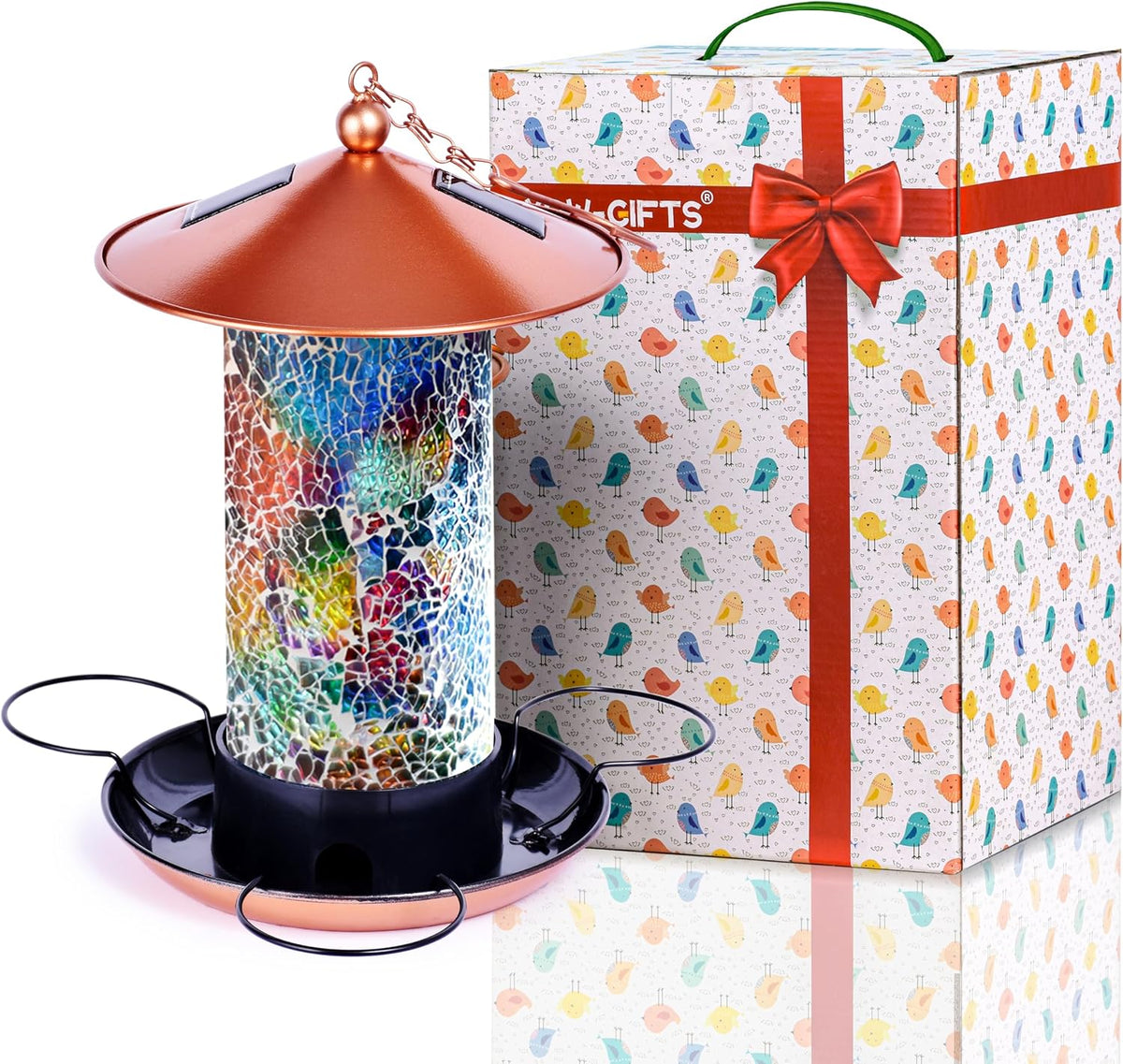 xdw-gifts mosaic solar wild bird feeder, waterproof lantern, main product view